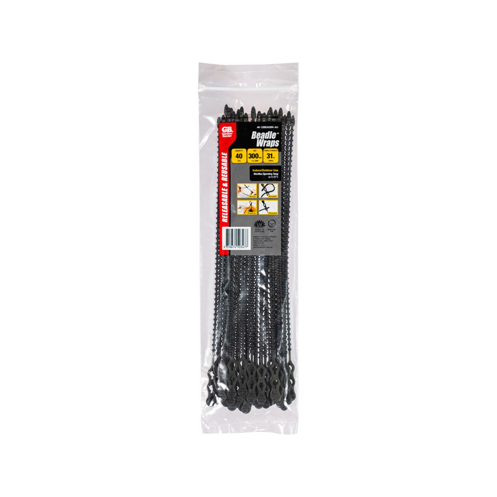 Gardner Bender 305mm Black Beadle Wrap Cable Ties - 40 pieces Car Wiring Adapter