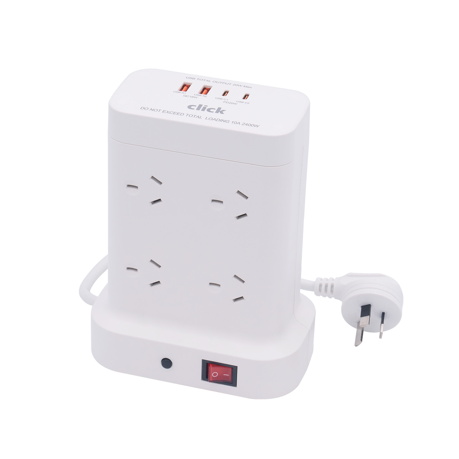 Click 8 Outlet Tower Power Board With PD20W USB Charger Car Charger