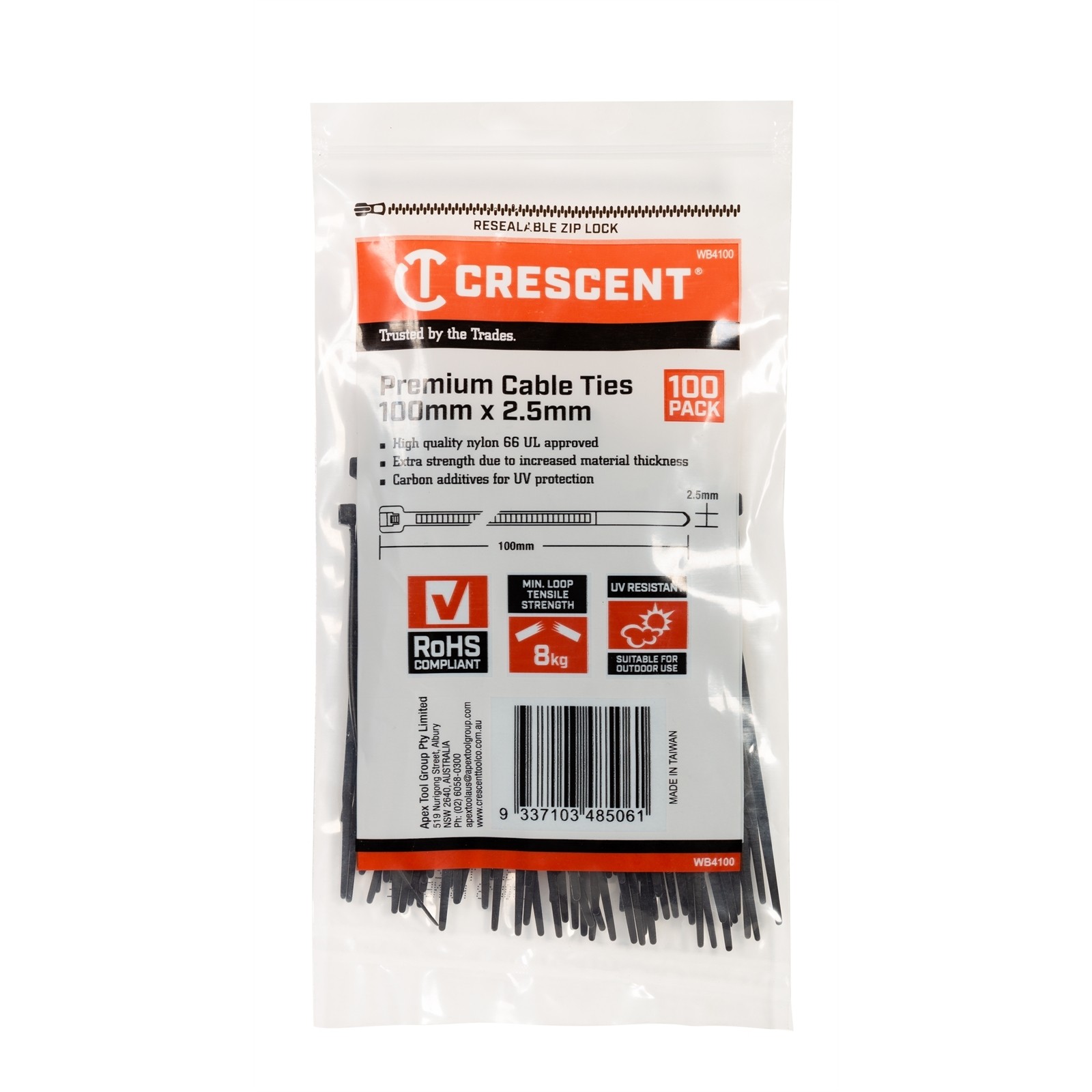 Crescent 100mm x 2.5mm Black Cable Ties 4 pcs Car Wiring Adapter