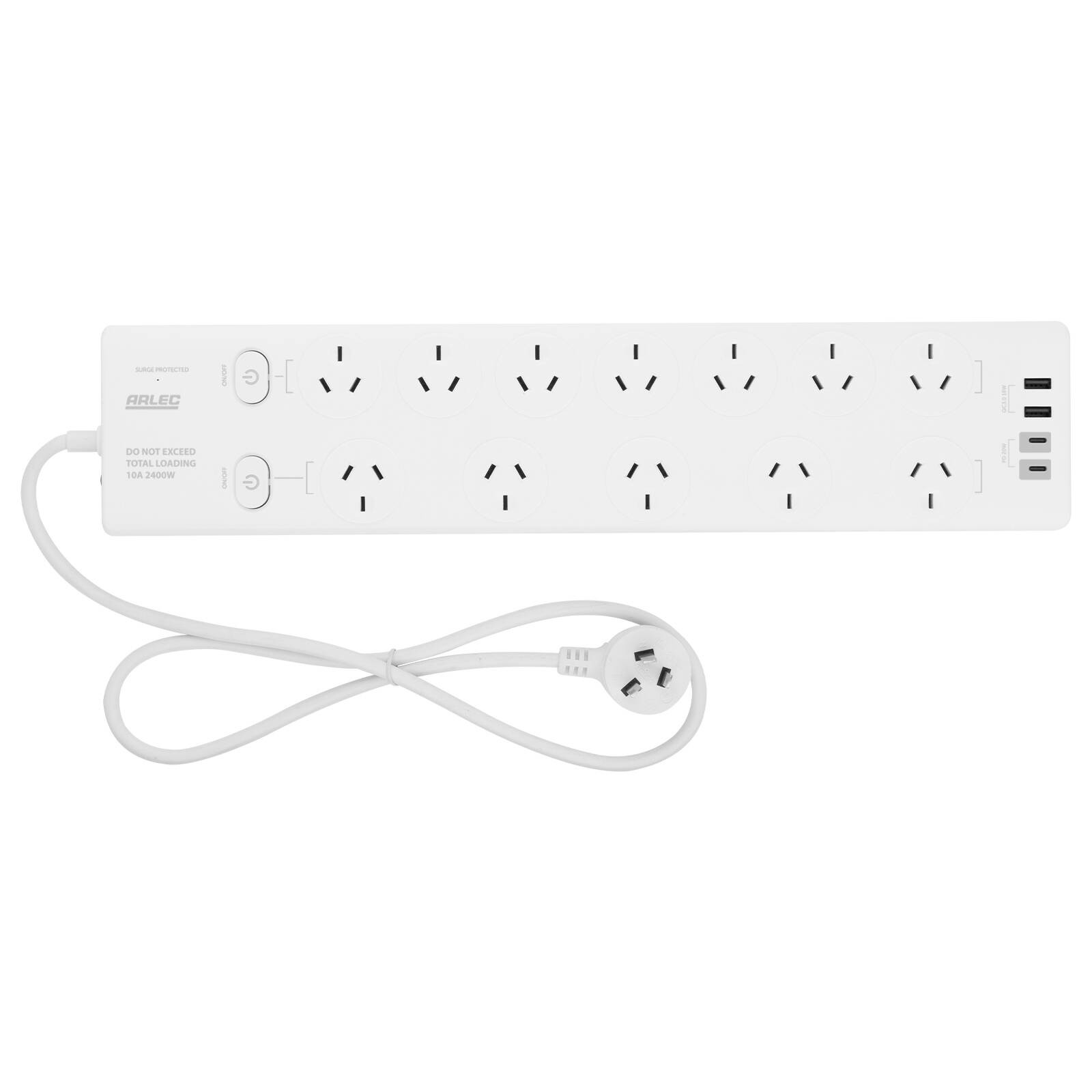 Arlec 12 Outlet Surge Protected Powerboard with PD20W Rapid Charging USB 2xA and