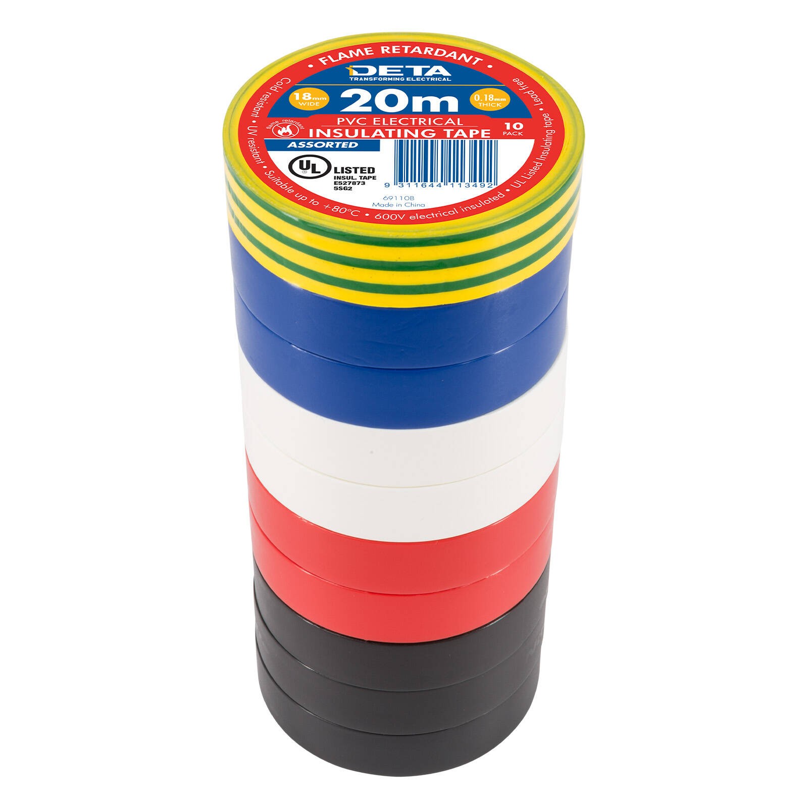 DETA 20m 18mm Assorted Flame Retardant PVC Tape - 10 pieces
