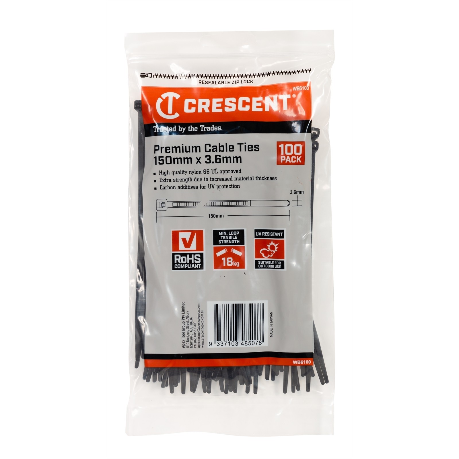 Crescent 150 x 3.6mm Black Cable Ties - 100 pieces Car Wiring Adapter