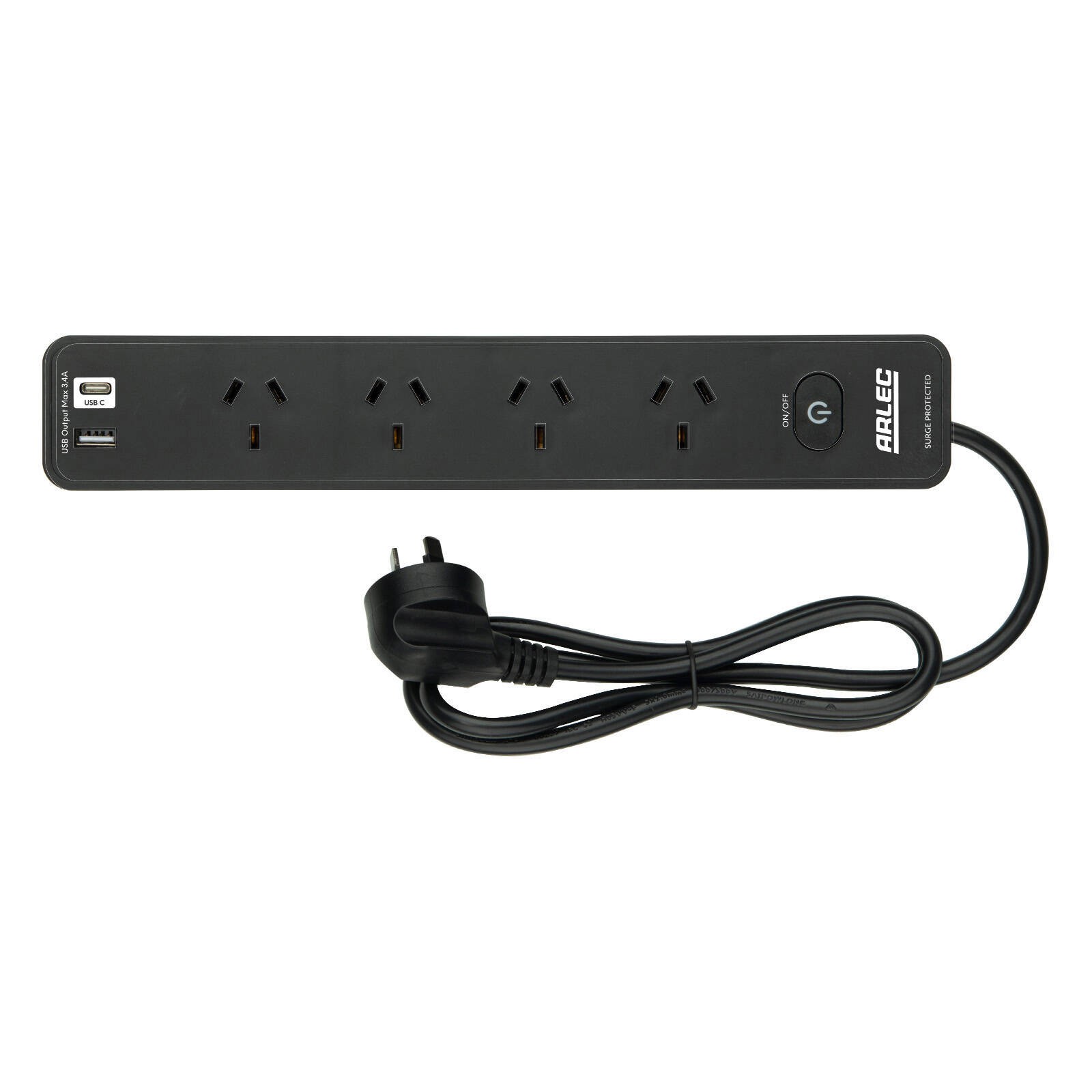 Arlec Black 4 Outlet Surge Protected Powerboard With USB A & C Charger And Maste