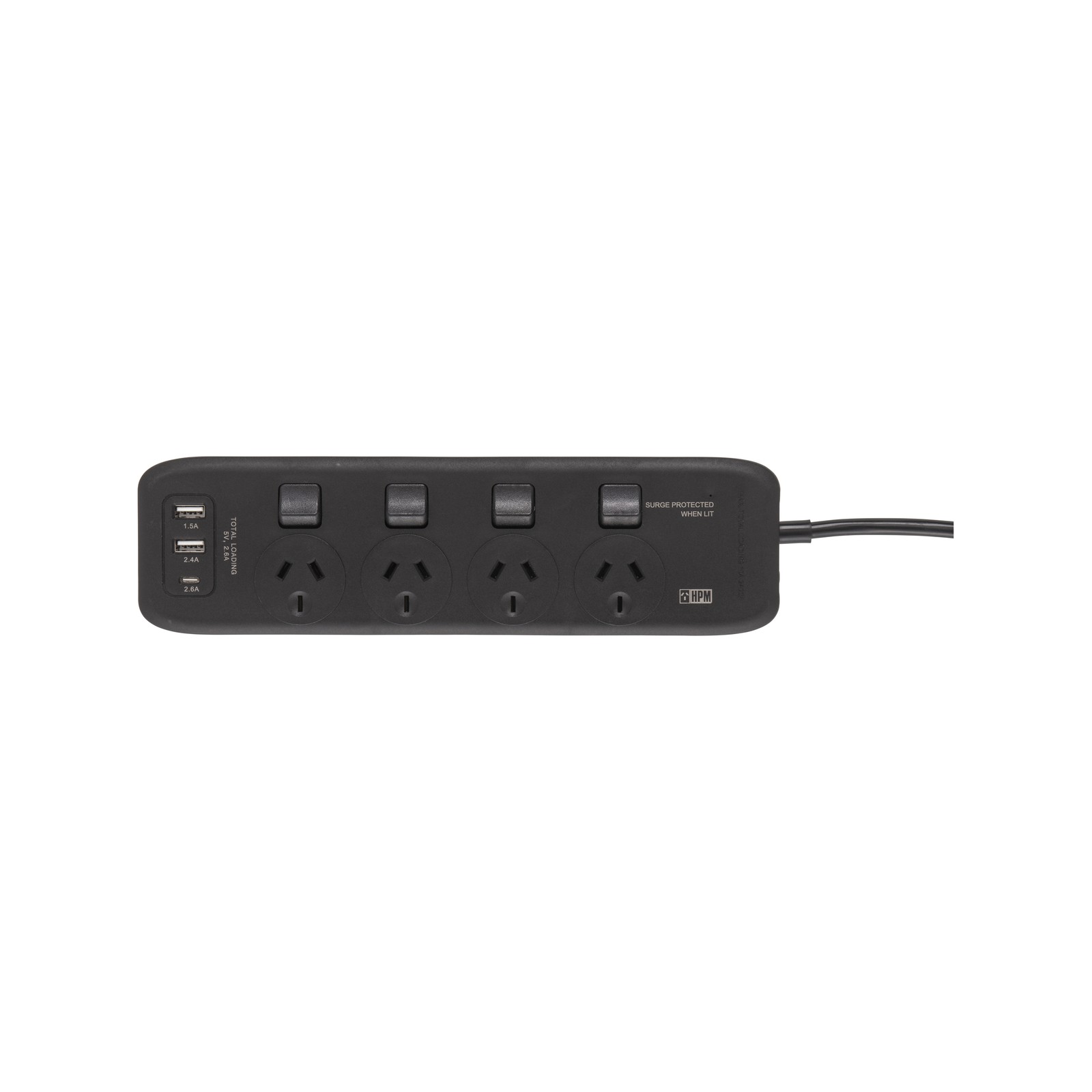 HPM 4 Outlet Black General Purpose USB Switched Powerboard Car Charger