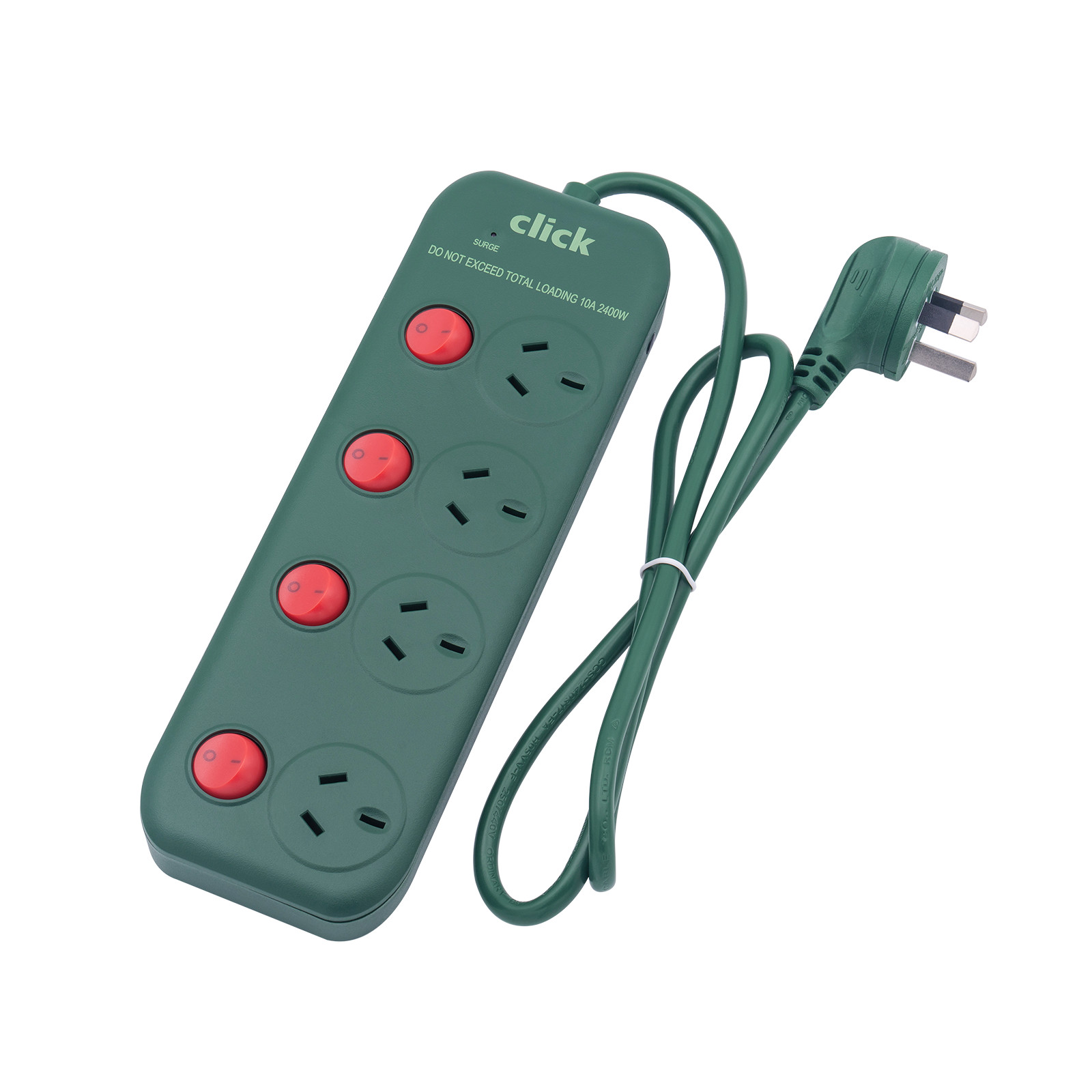 Click 4 Dark Green Outlet Individually Switched Surge Powerboard