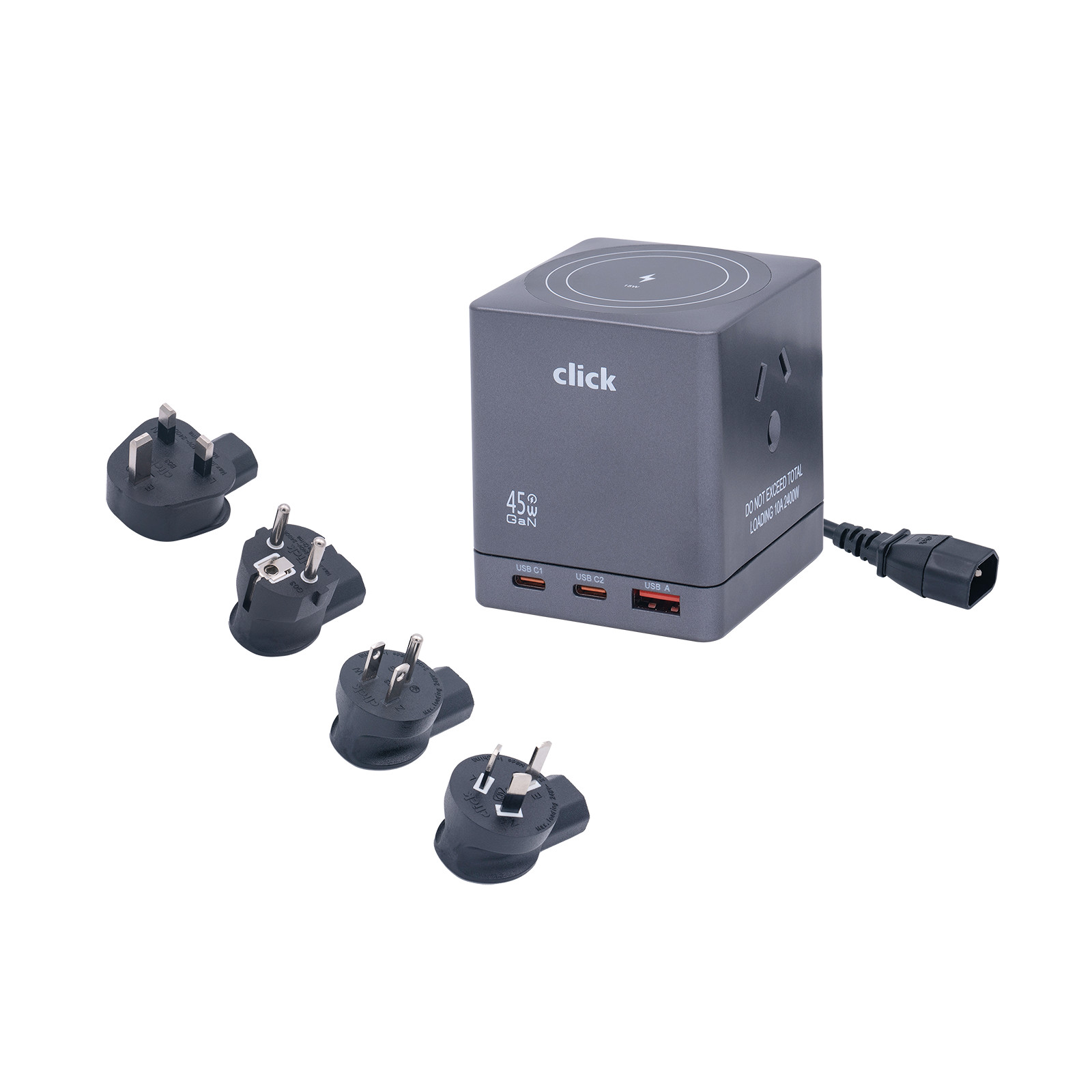 Click 2 Outlet Travel Powerboard With PD45W USB Charger And 15W Wireless Charger