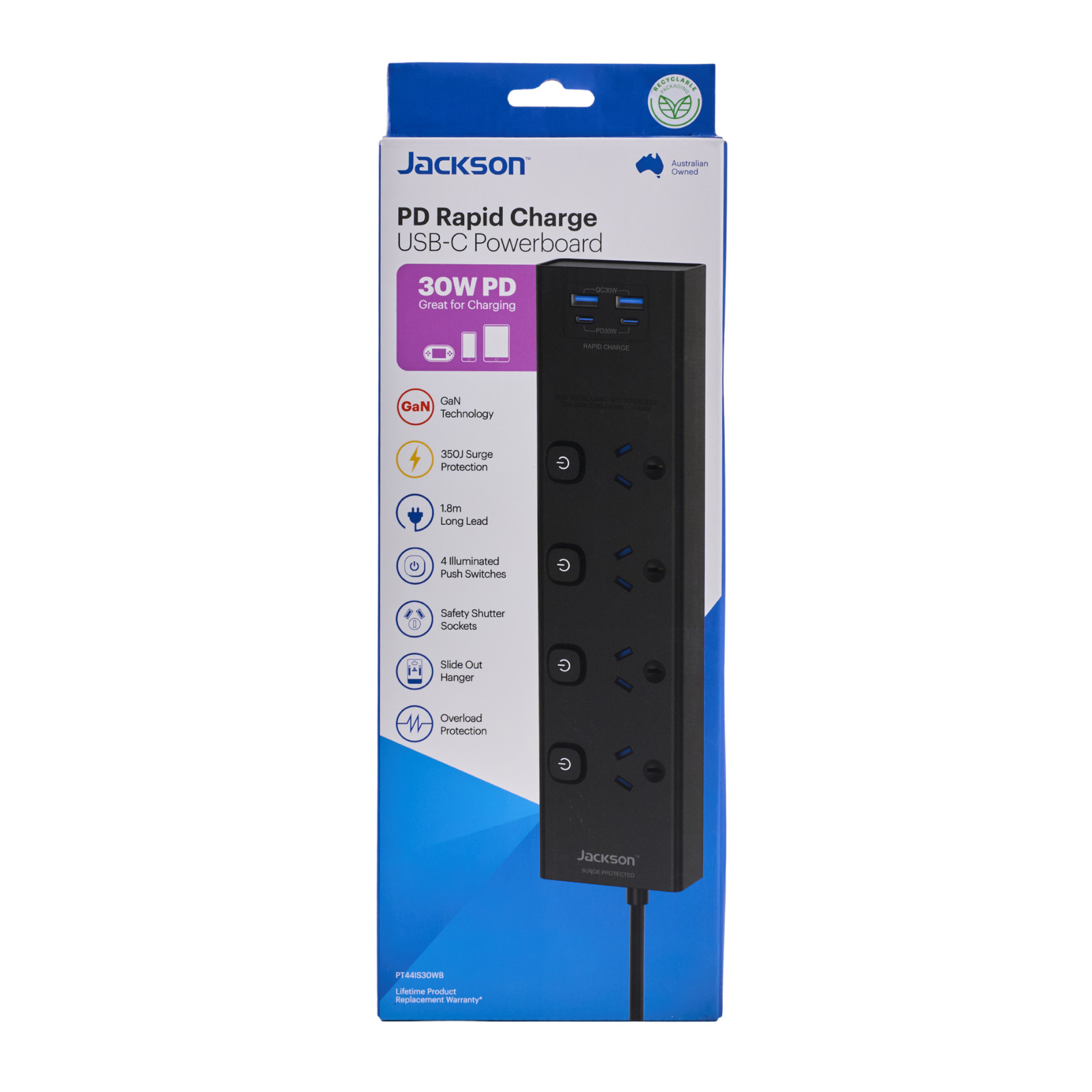Jackson 4 Outlet Powerboard 4 Individual Switch W USB 2A/2C PD30W Black