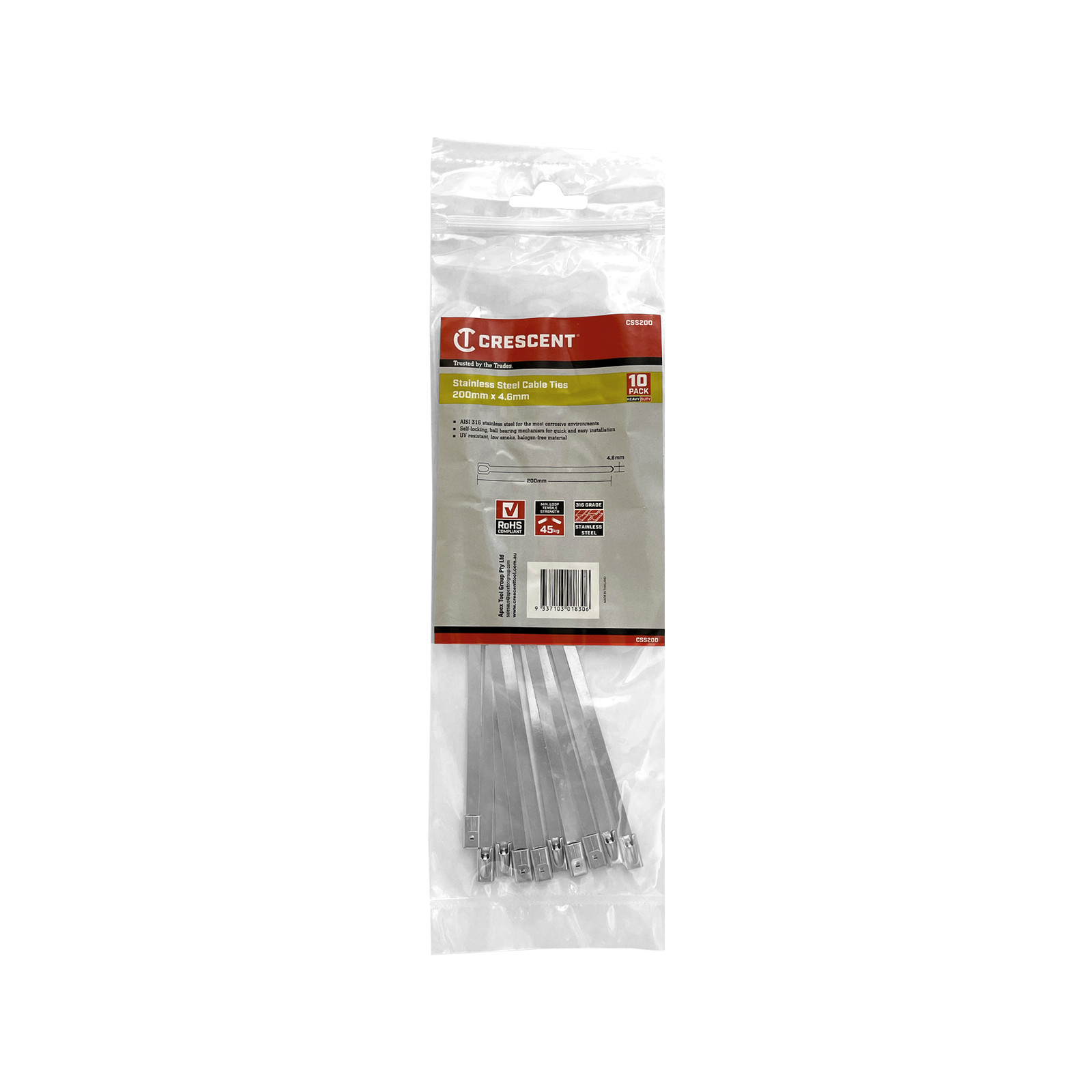 Crescent 200 x 4.6mm Stainless Steel Cable Ties - 10 pieces Car Wiring Adapter