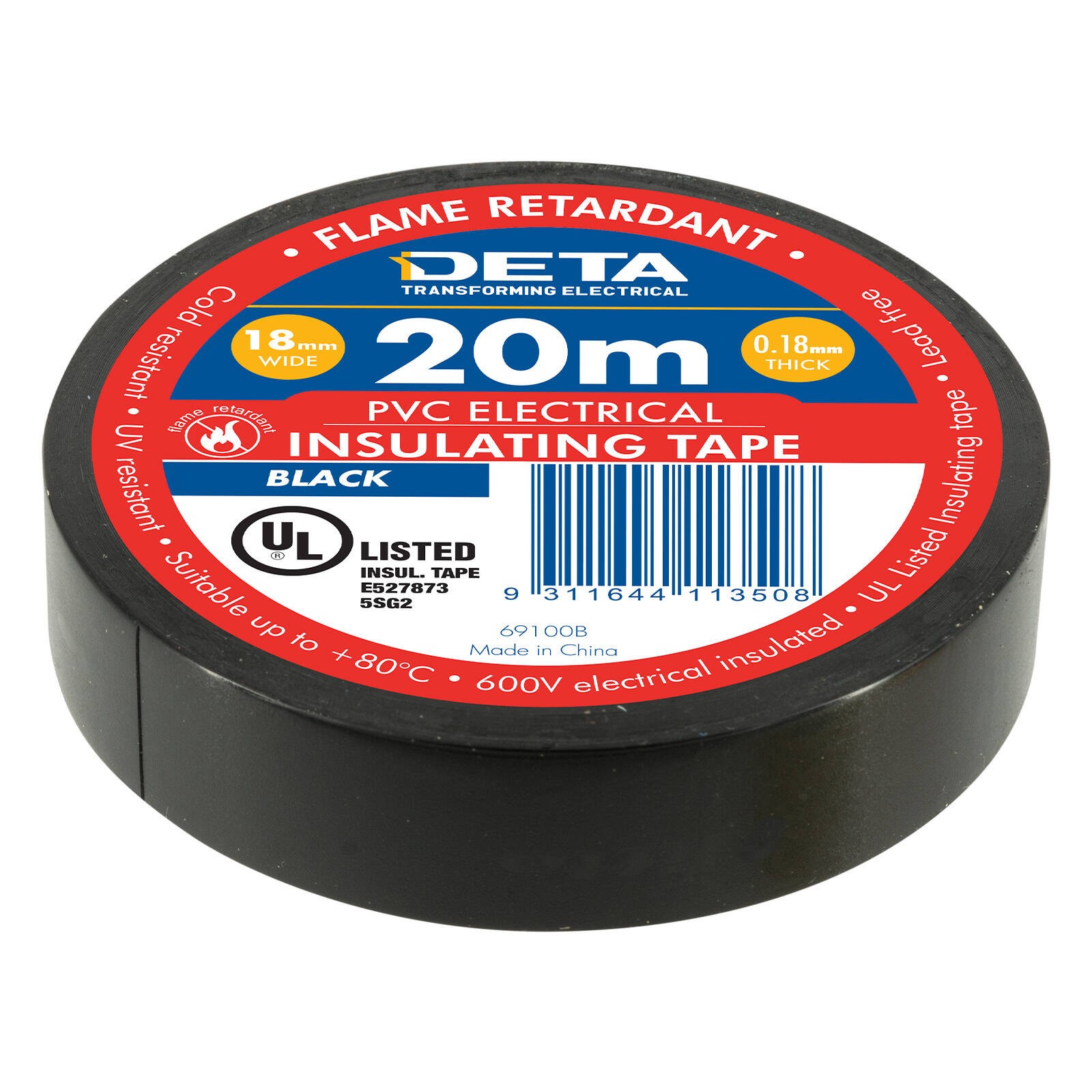 DETA 20m 18mm Black Flame Retardant PVC Tape 4 pcs