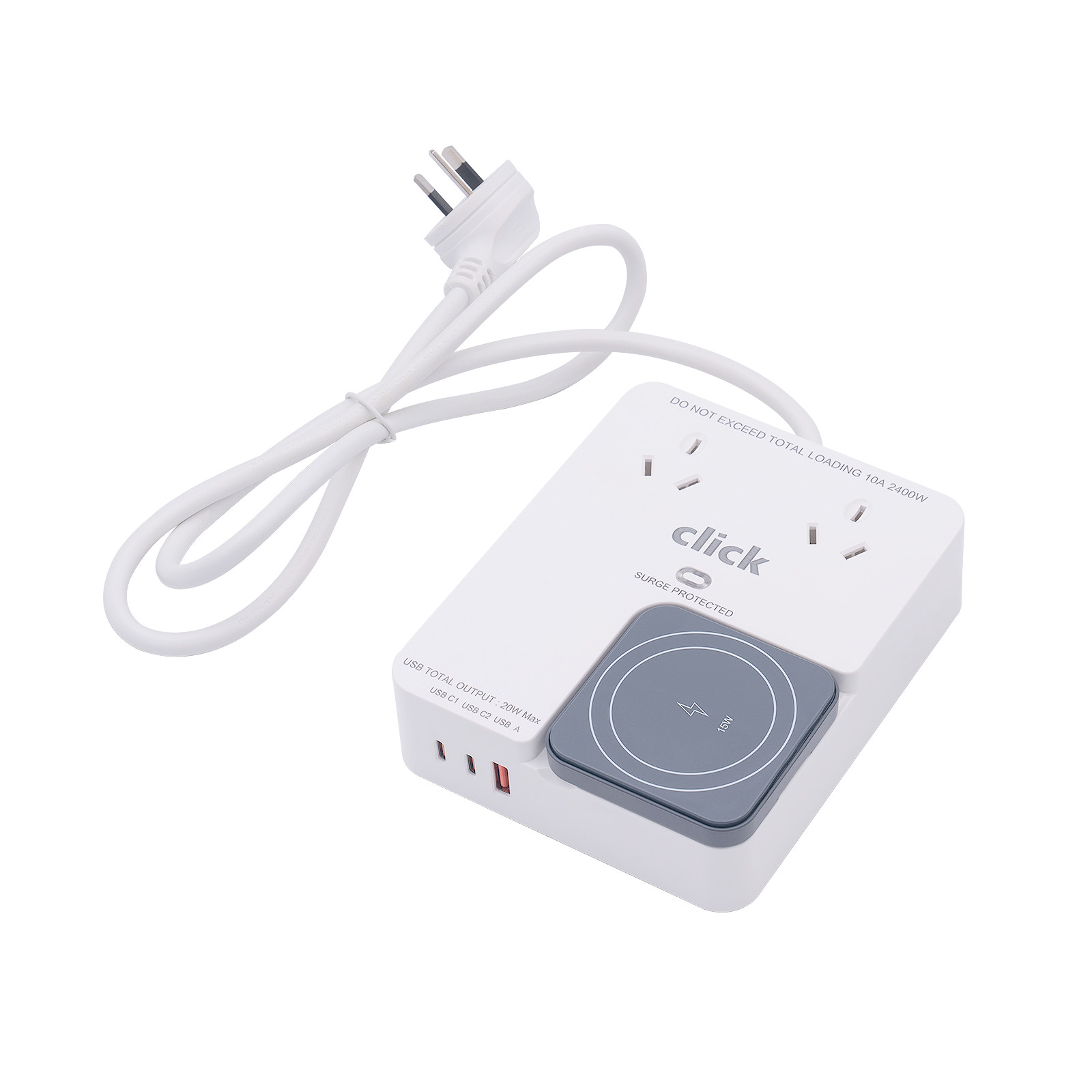Click 2 Outlet Power Board with Wireless Phone Charger Car Charger