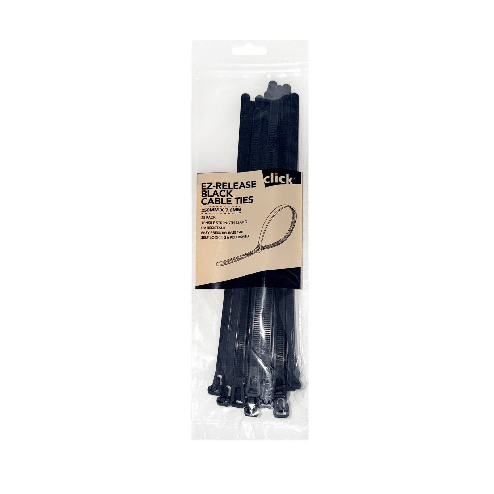 Click 250mm Black EZ-Release Releasable Cable Tie - 25 pieces Car Wiring Adapter
