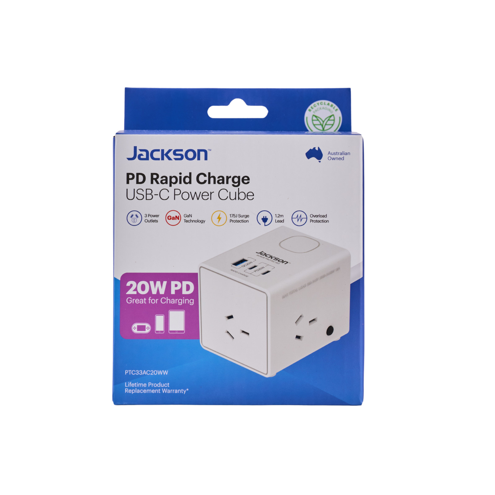 Jackson 3 Outlet Power Cube W USB 1A/2C PD20W White Car Charger