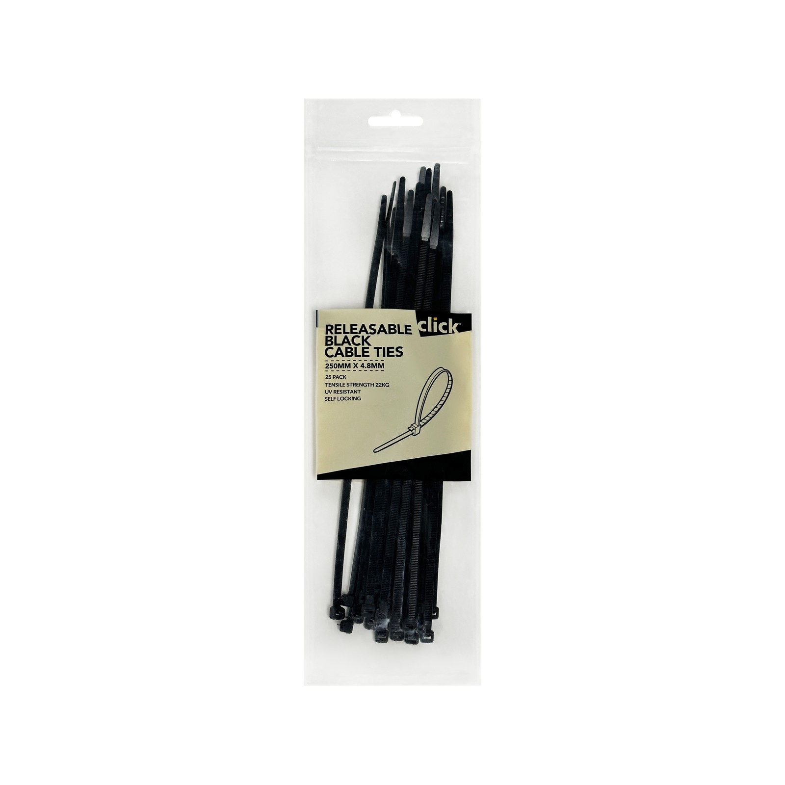 Click 250mm Black Releasable Cable Tie - 25 pieces Car Wiring Adapter