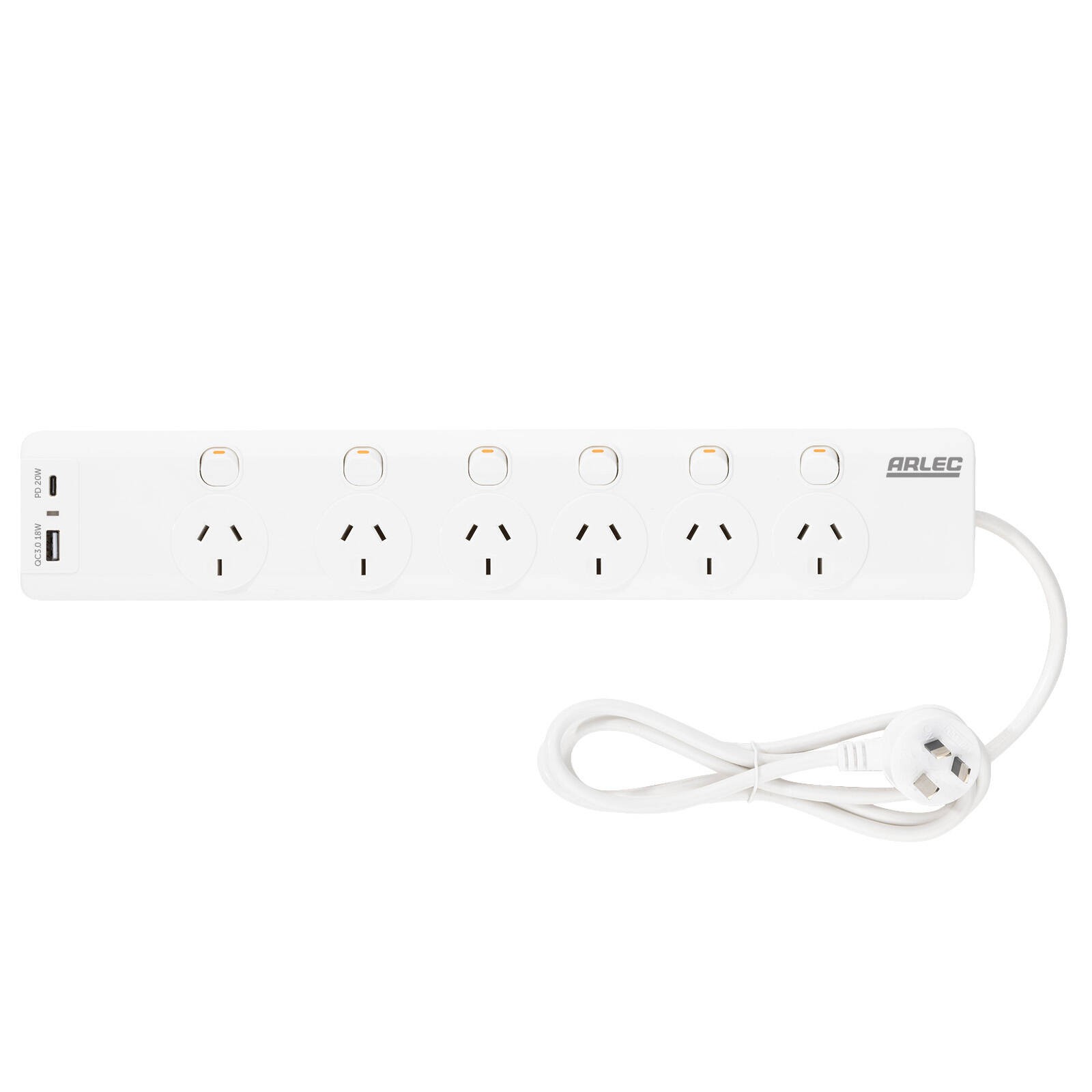 Arlec 6 Outlet Surge Protected Powerboard With PD20W Rapid Charging USBs