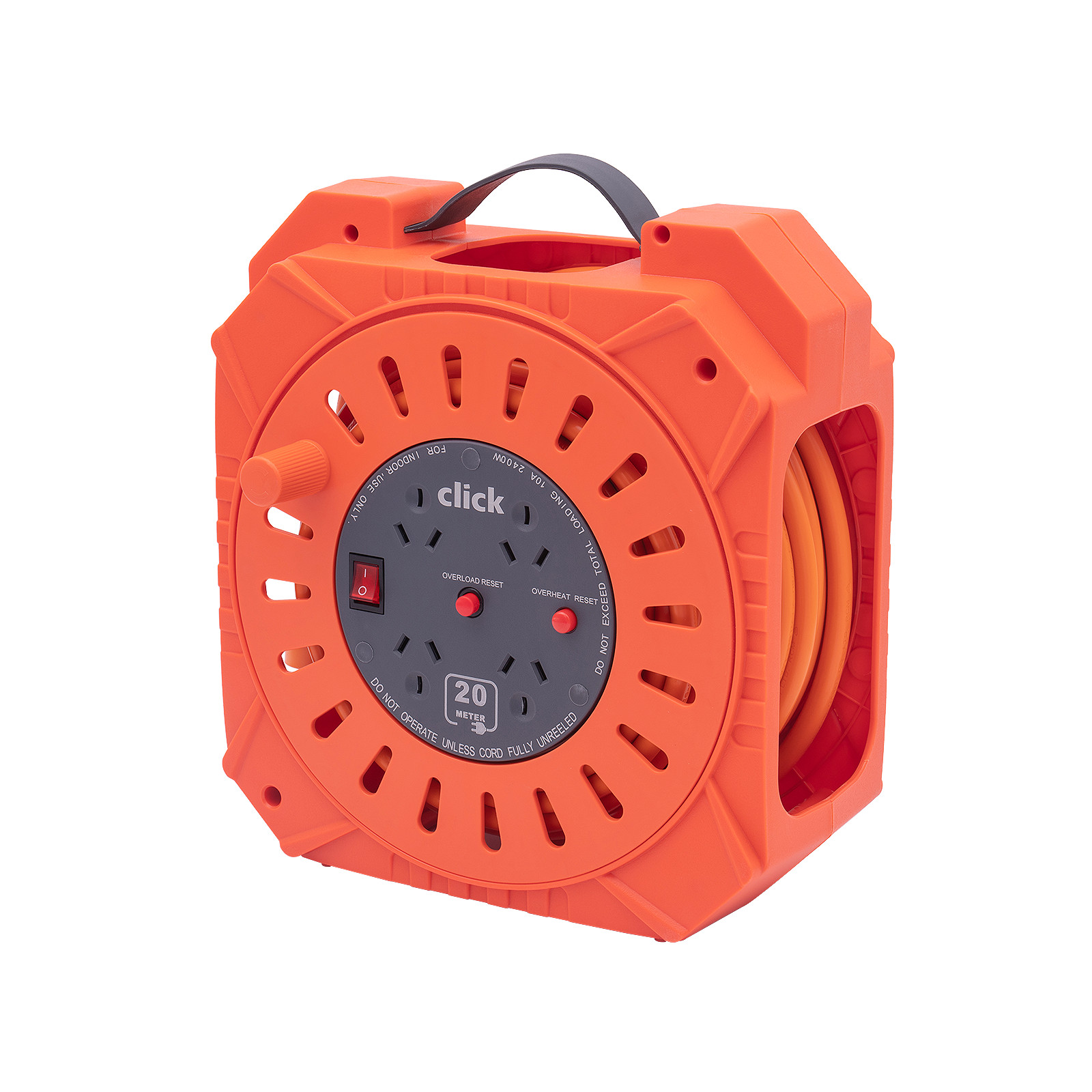 Click 20m Orange and Grey Heavy Duty 4 Outlet Cable Reel Car Wiring Adapter
