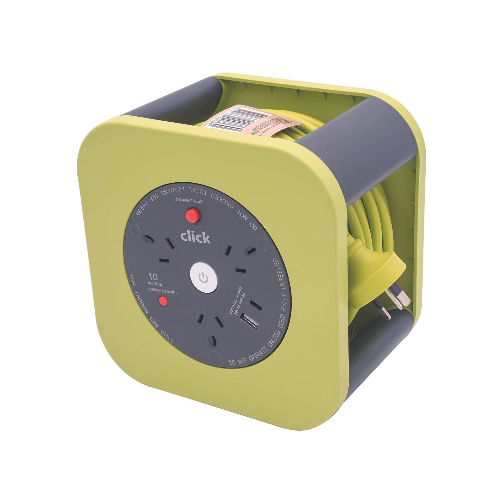 Click 10m 3 Outlet Square Cable Reel with USB Charger - Green Car Wiring Adapter
