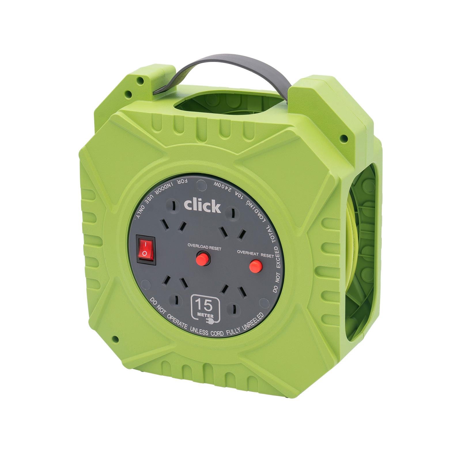 Click 15m Green and Grey Domestic 4 Outlet Cable Reel Car Wiring Adapter