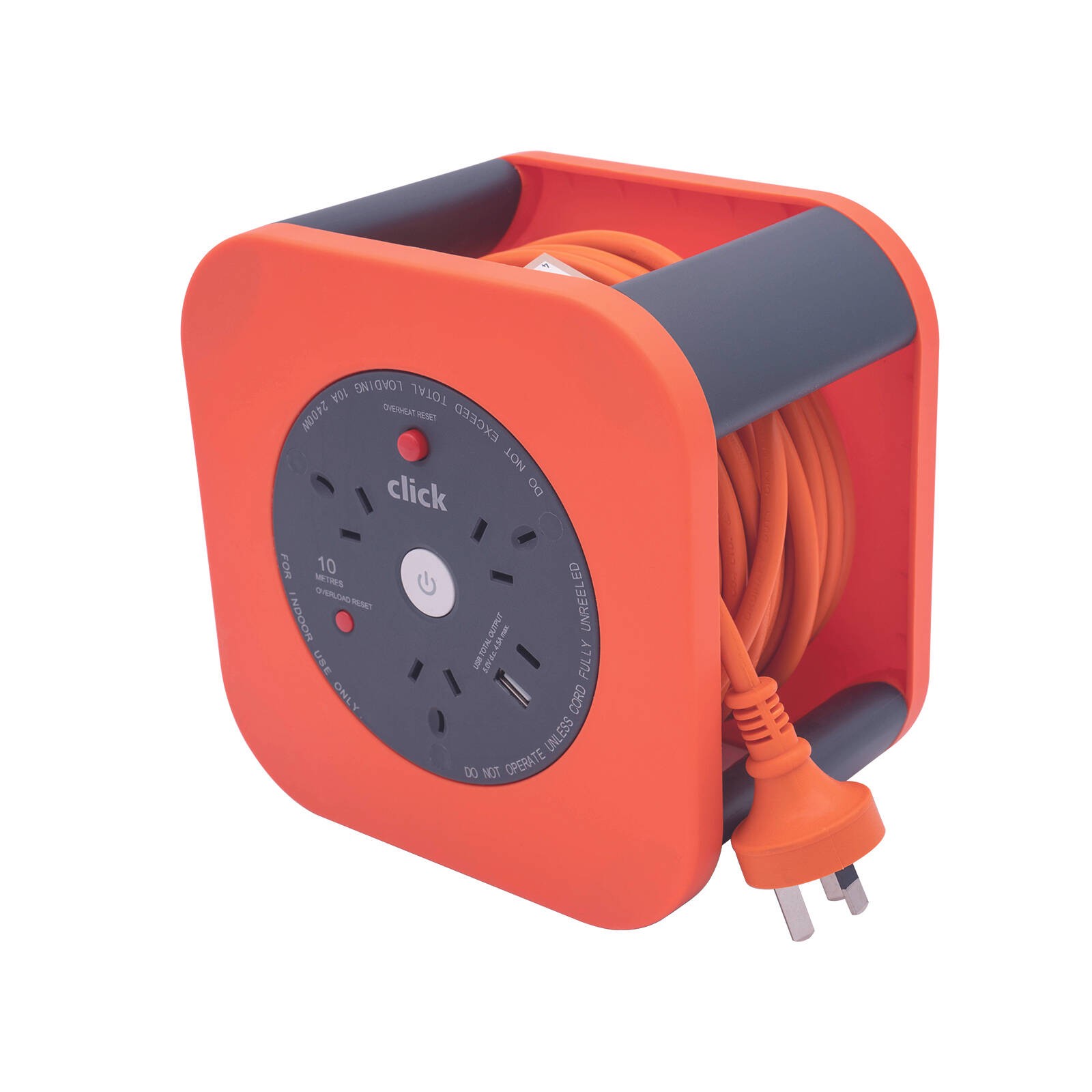 Click 10m 3 Outlet Square Cable Reel With USB Charger Car Wiring Adapter