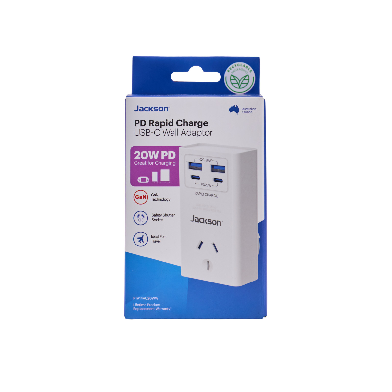 Jackson 1 Outlet Adaptor W USB 2A/2C PD20W White Car Wiring Adapter Car Charger