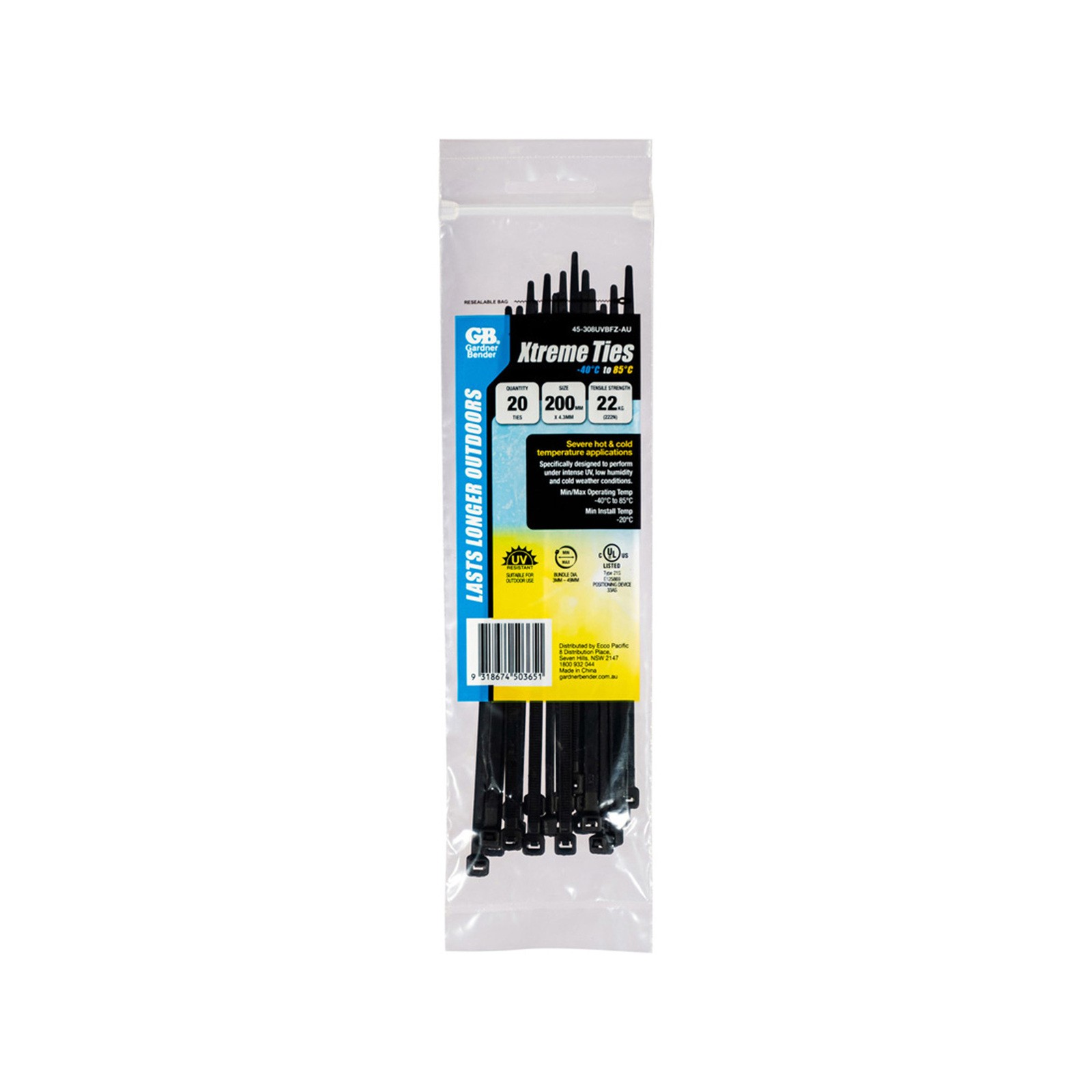 Gardner Bender 200 x 4.3mm Black Xtreme Cable Ties 2 pcs Car Wiring Adapter