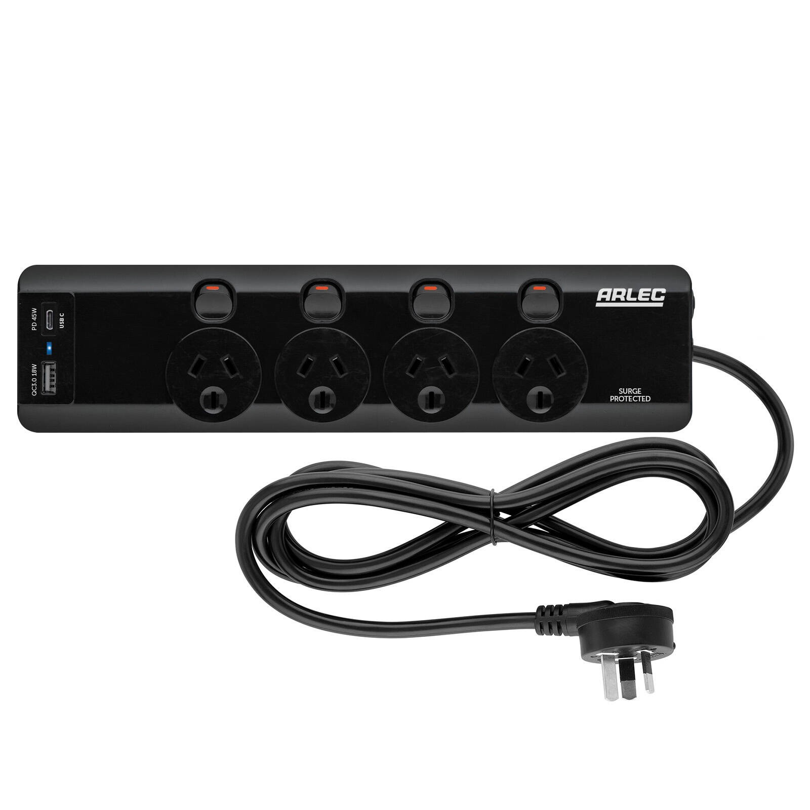 Arlec 4 Outlet Individually Switched Surge Powerboard With PD45W Rapid Charging