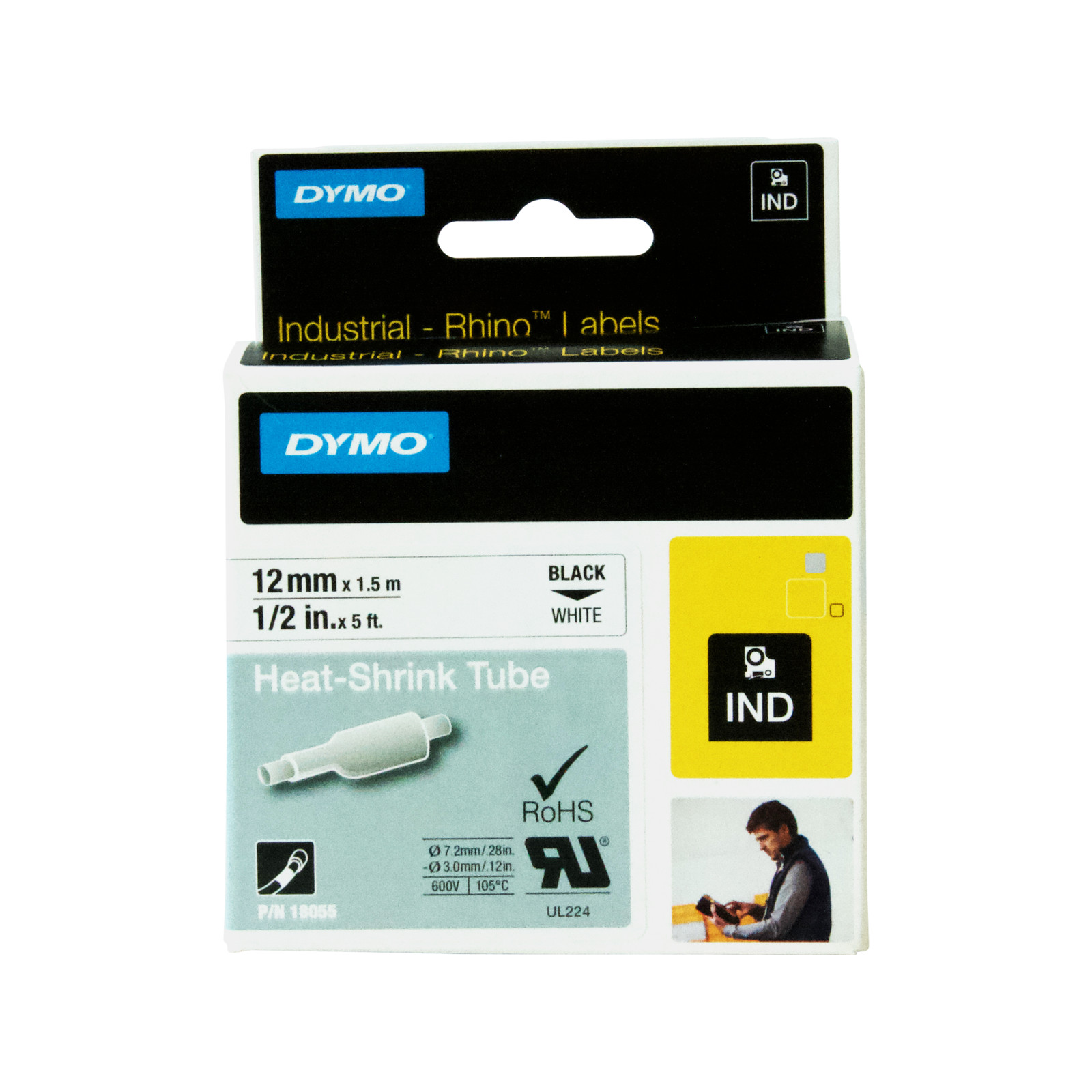 DYMO 12mm Black On White Heat Shrink Tube Rhino Industrial Labels