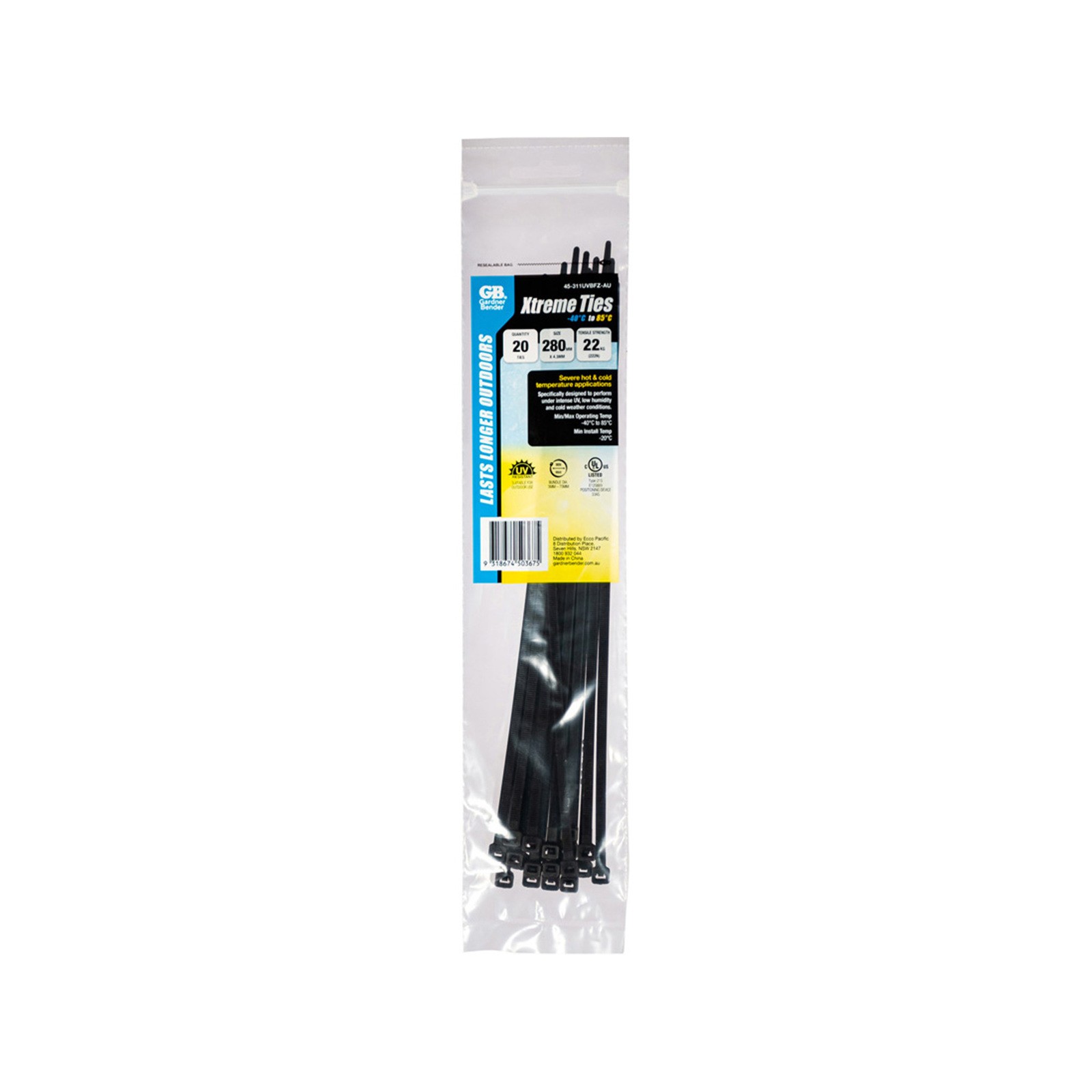 Gardner Bender 280 x 4.3mm Black Xtreme Cable Ties - 20 pieces Car Wiring