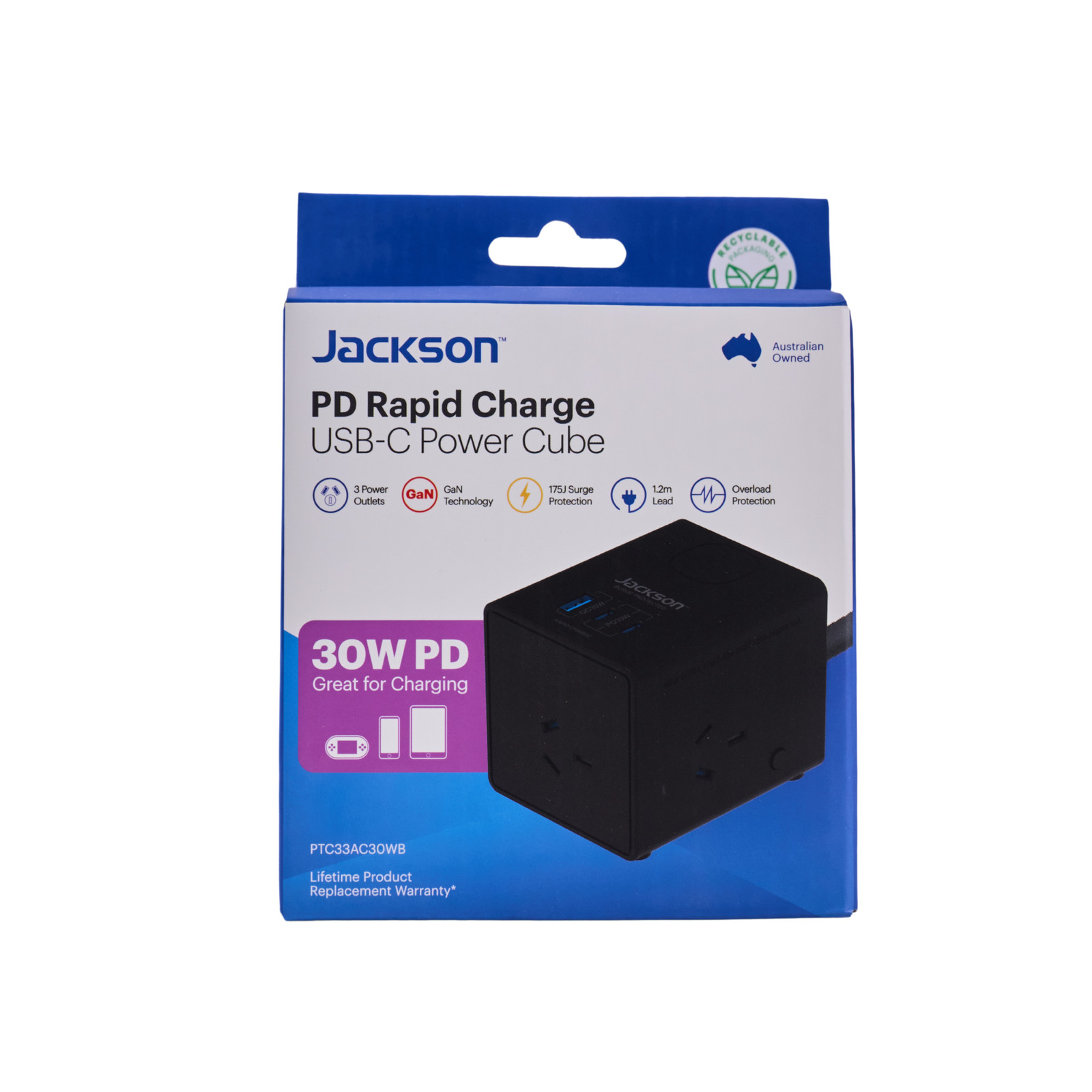 Jackson 3 Outlet Power Cube W USB 1A/2C PD30W Black Car Charger