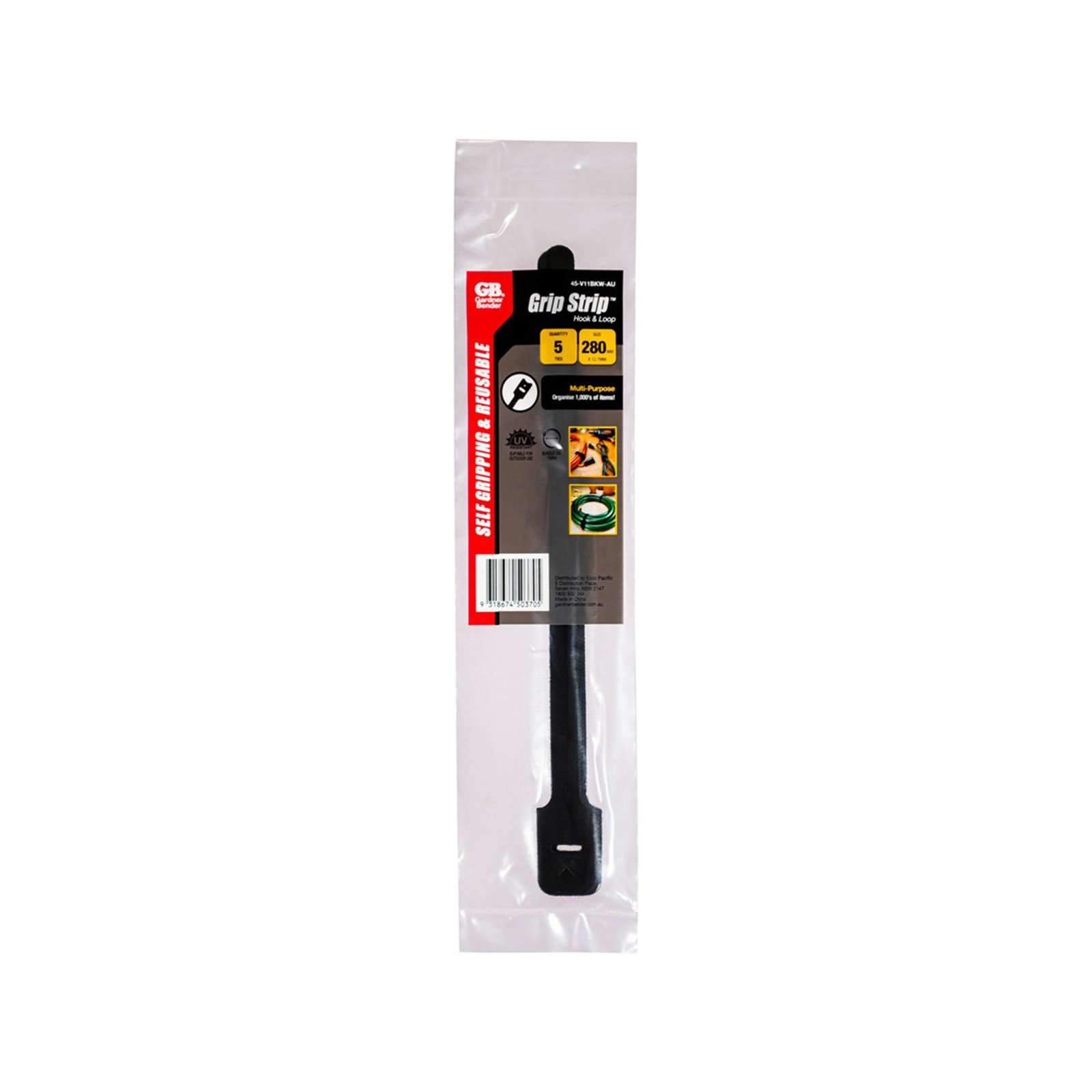 Gardner Bender 280mm Black Hook and Loop Cable Ties - 5 pieces Car Wiring