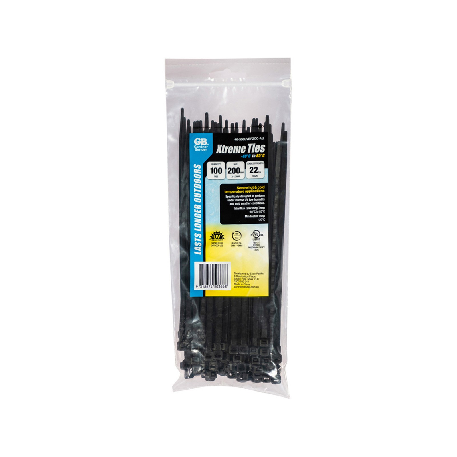 Gardner Bender 200 x 4.3mm Black Xtreme Cable Ties - 100 pieces Car Wiring