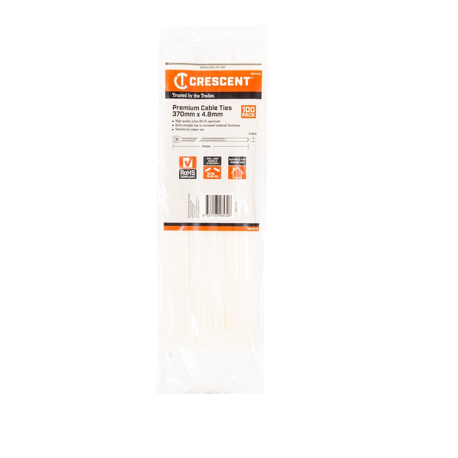 CRESCENT 100 Pk. 370mm x 4.8mm Natural Cable Ties Car Wiring Adapter
