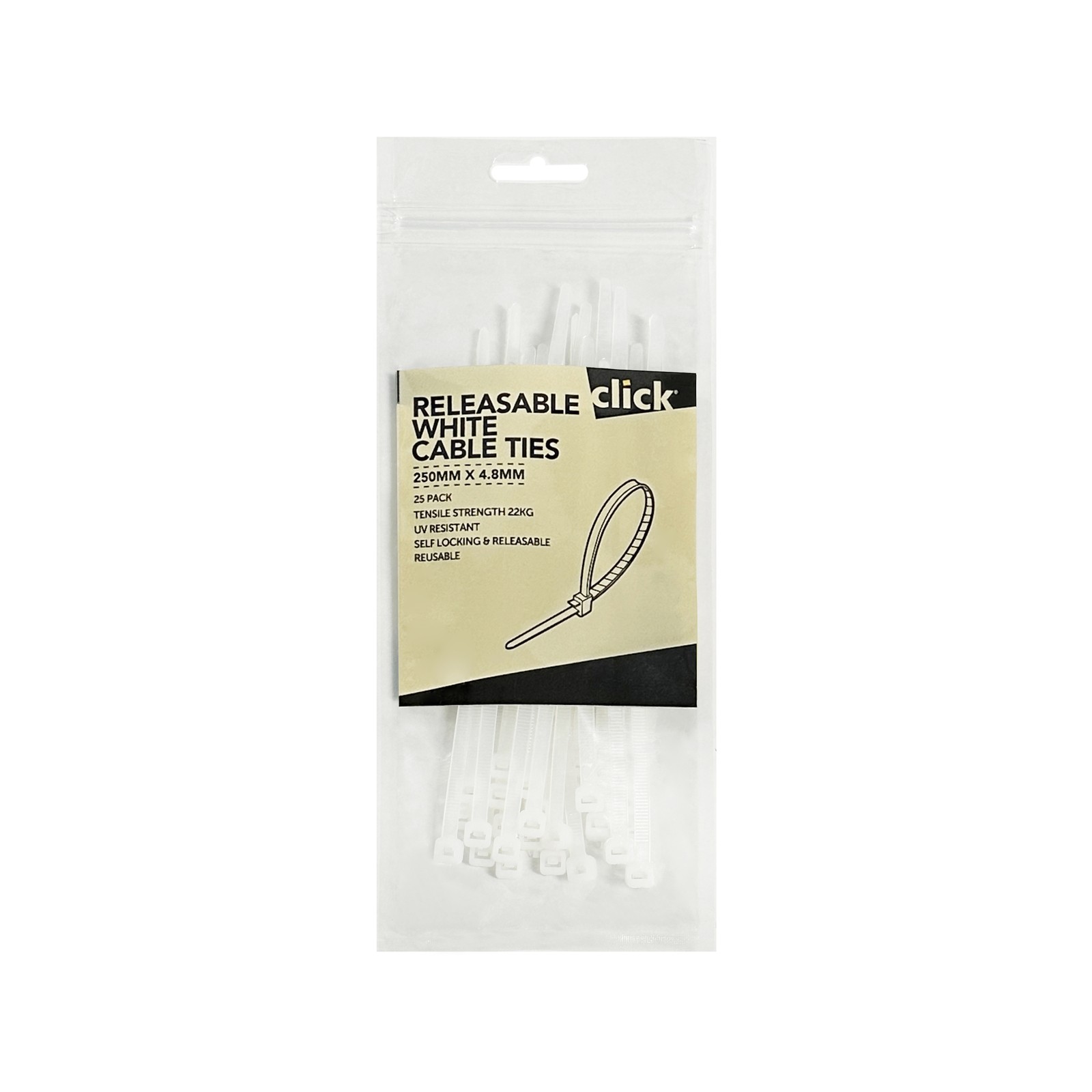 Click 150mm White Releasable Cable Tie 2 pcs