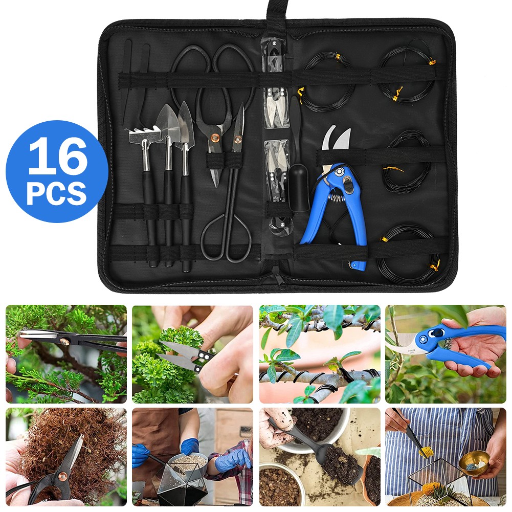 16 Pcs Garden Bonsai Tool Set Stainless Steel Cutter Scissors with Case