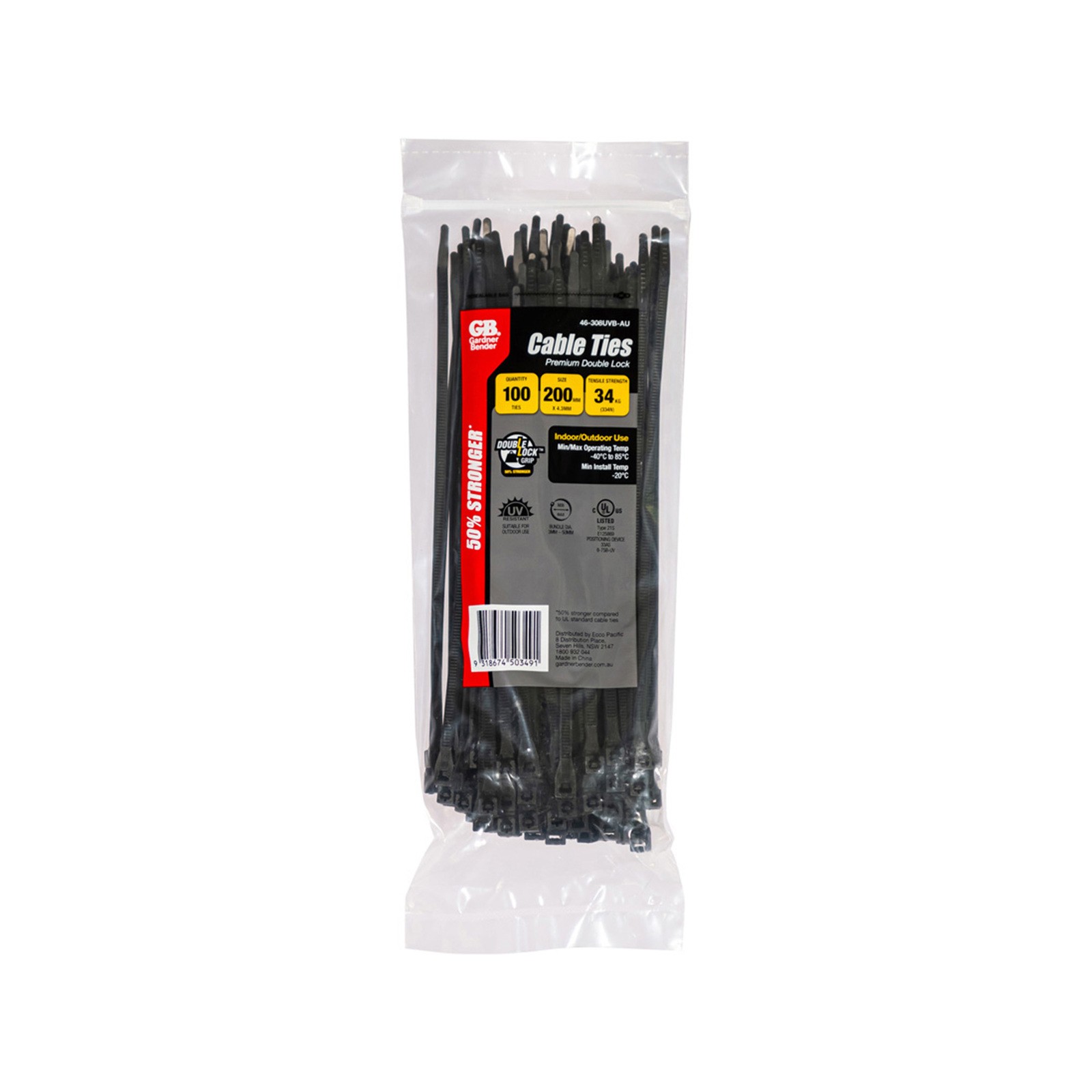 Gardner Bender 200 x 4.3mm Black Double-Lock Cable Ties - 100 pieces Car Wiring