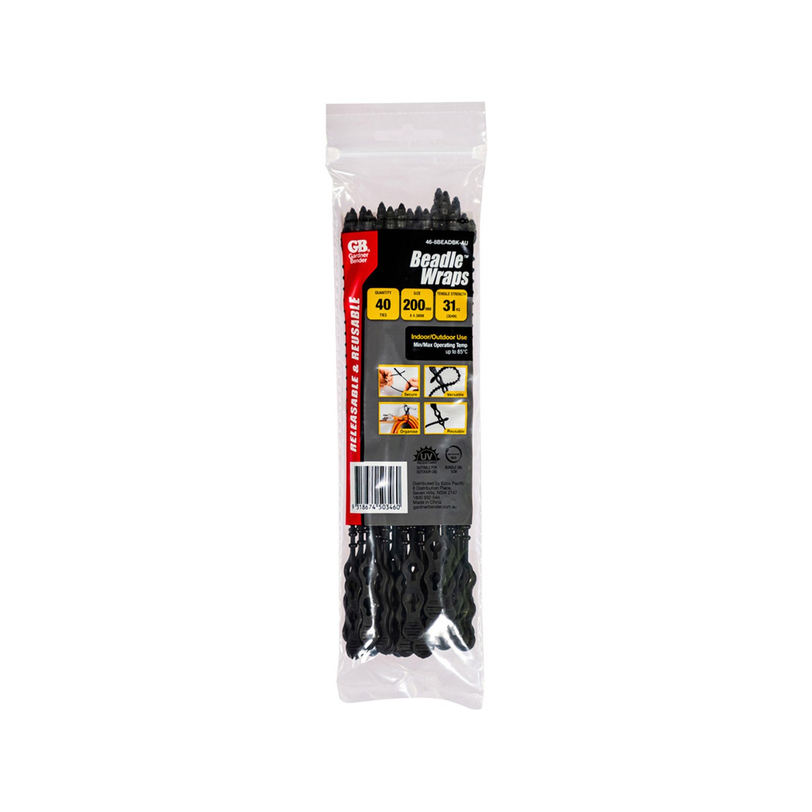 Gardner Bender 203mm Black Beadle Wrap Cable Ties - 40 pieces Car Wiring Adapter