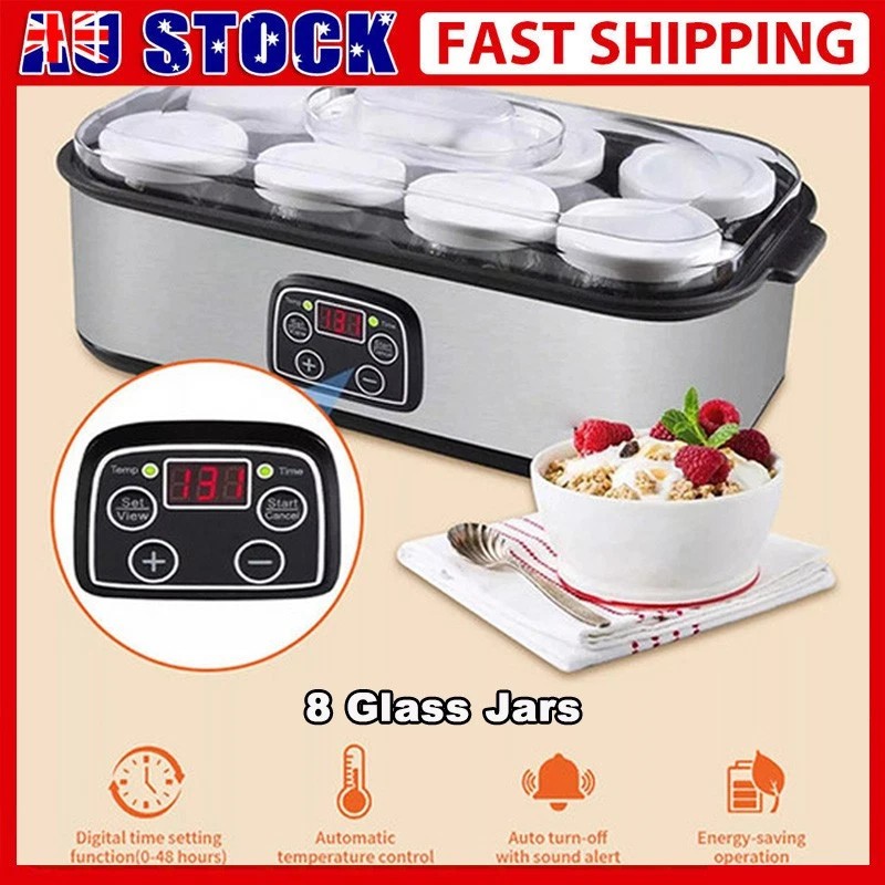 Adjustable Probiotic Yogurt Maker Time & Temp Control 1.4L 25W 8 Glass Jars