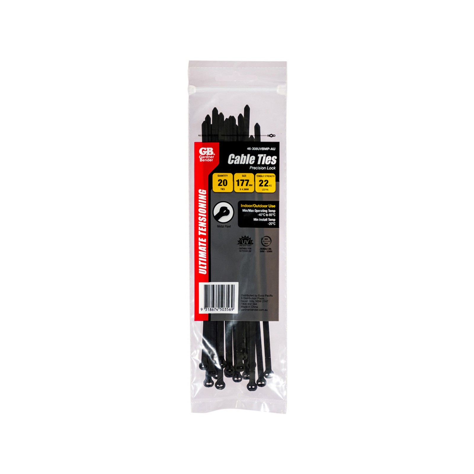 Gardner Bender 177mm Black Precise Lock Cable Ties - 20 pieces Car Wiring