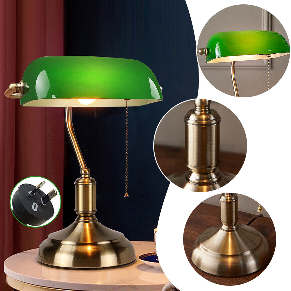 Traditional Banker Desk Lamp Green Glass Brass AU Plug Pull Chain Switch