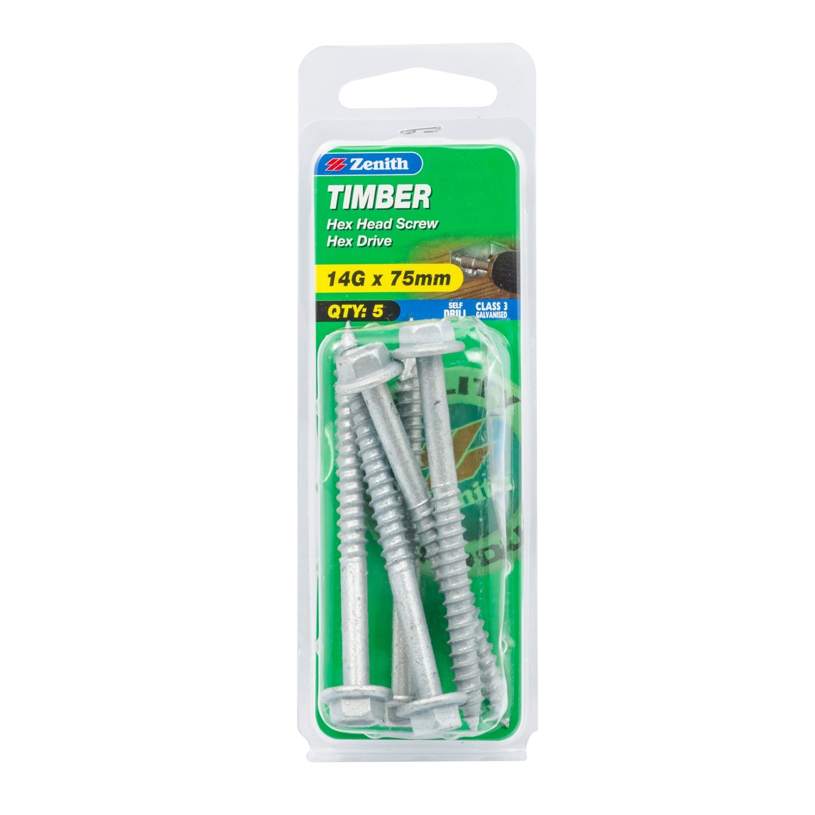 Zenith 14G x 75mm Galvanised Hex Head Timber Screws - 5 pieces