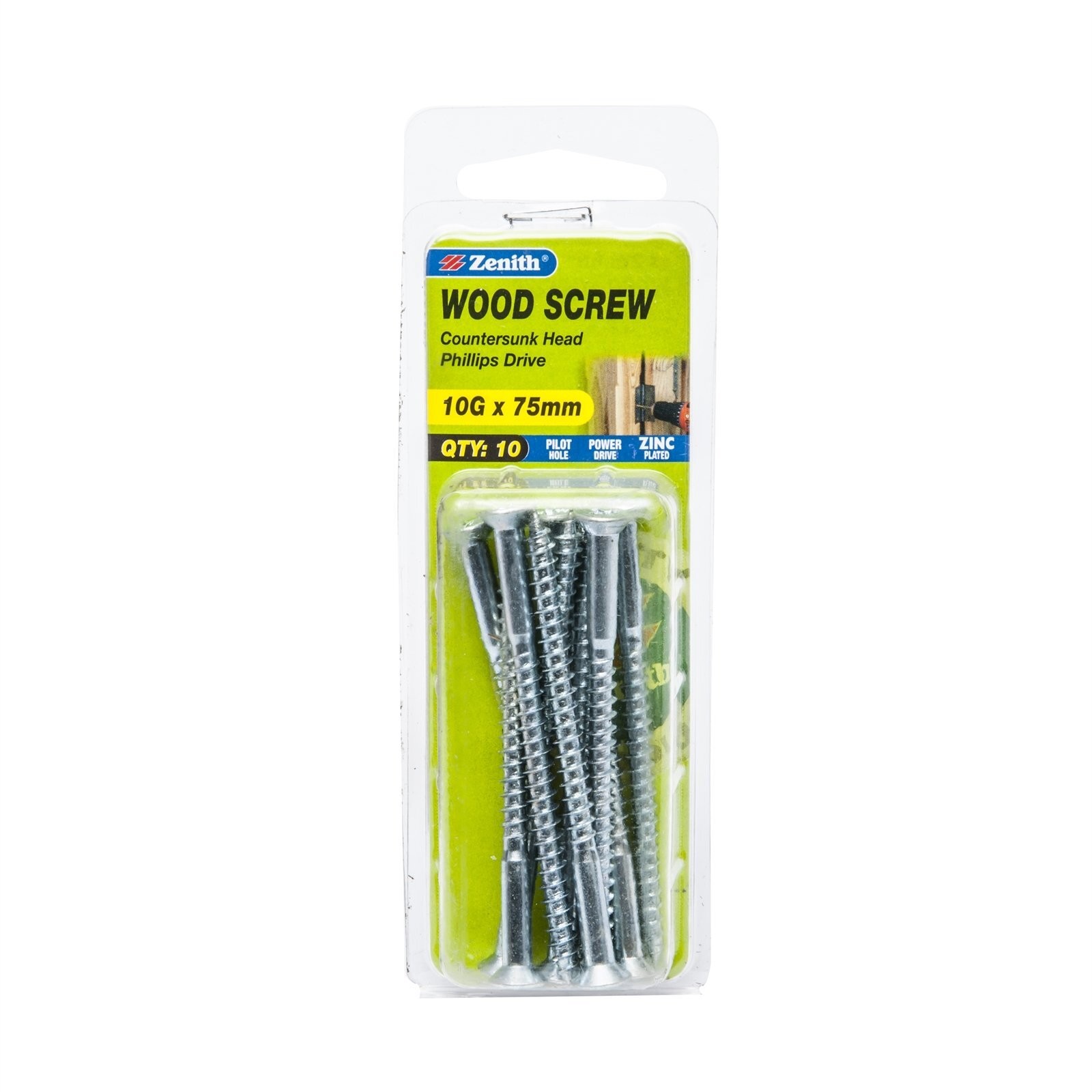Zenith 10G x 75mm Zinc Plated Countersunk Head Wood Screw 2 pcs