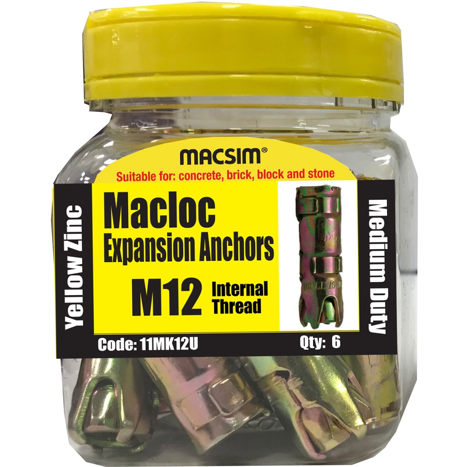 Macsim M12 Yellow Zinc Medium Duty Macloc Expansion Anchors - 6 pieces