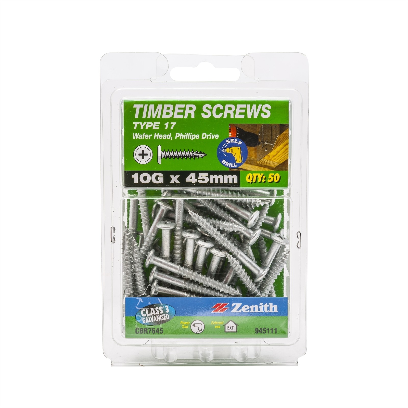 Zenith 10G x 45mm Galvanised Type 17 Wafer Head Timber Screws - 50 pieces