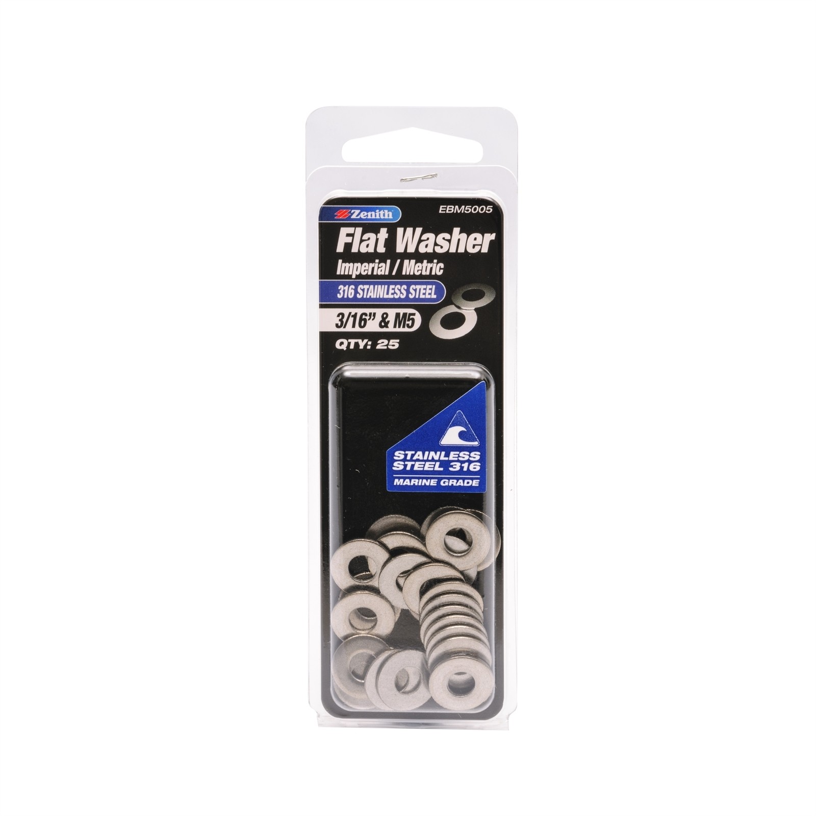 Zenith 3/16" And M5 316 Stainless Steel Flat Washer - 25 pieces