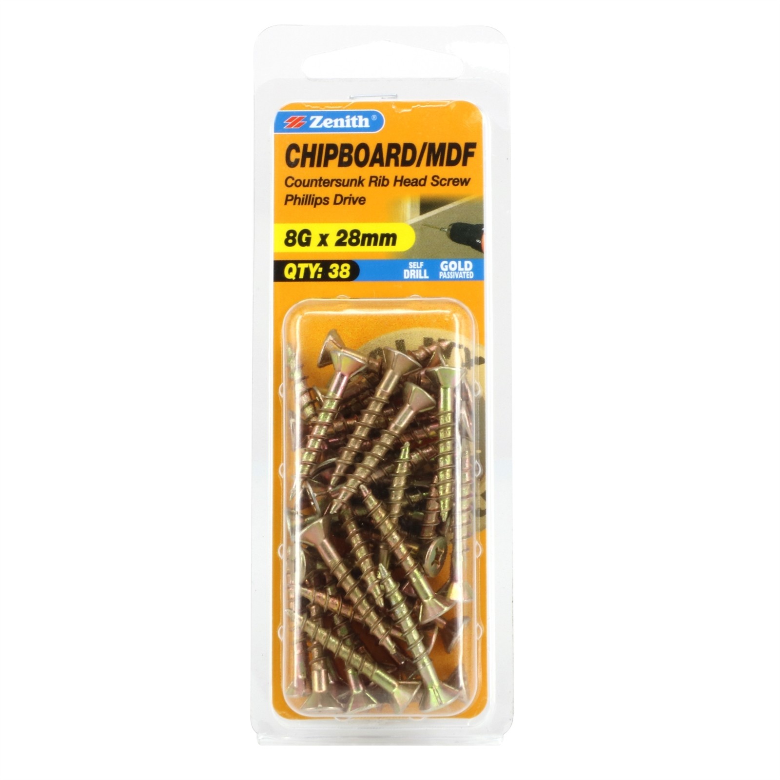 Zenith 8G x 28mm Gold Passivated Countersunk Rib Head Chipboard Screws 2 pcs