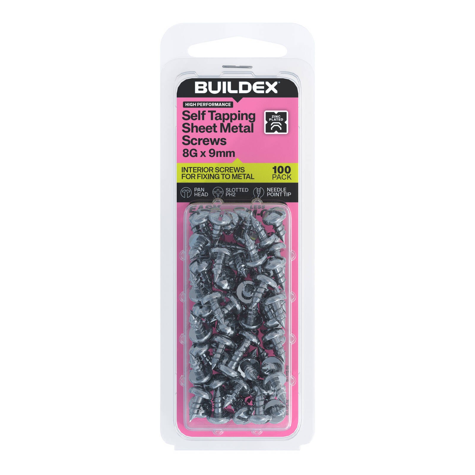 Buildex 8G x 9mm Zinc Plated Self Tapping Sheet Metal Screws - 100 pieces
