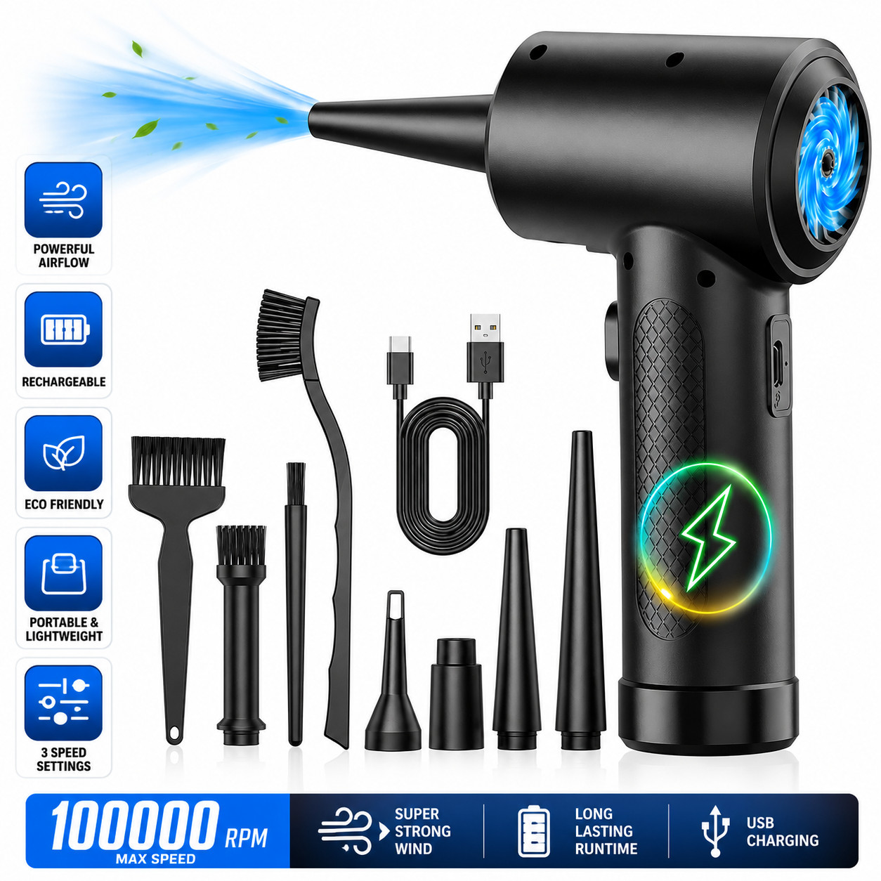 100000RPM Rechargeable Cordless Air Duster Compressed Air Blower Cleaning Kit