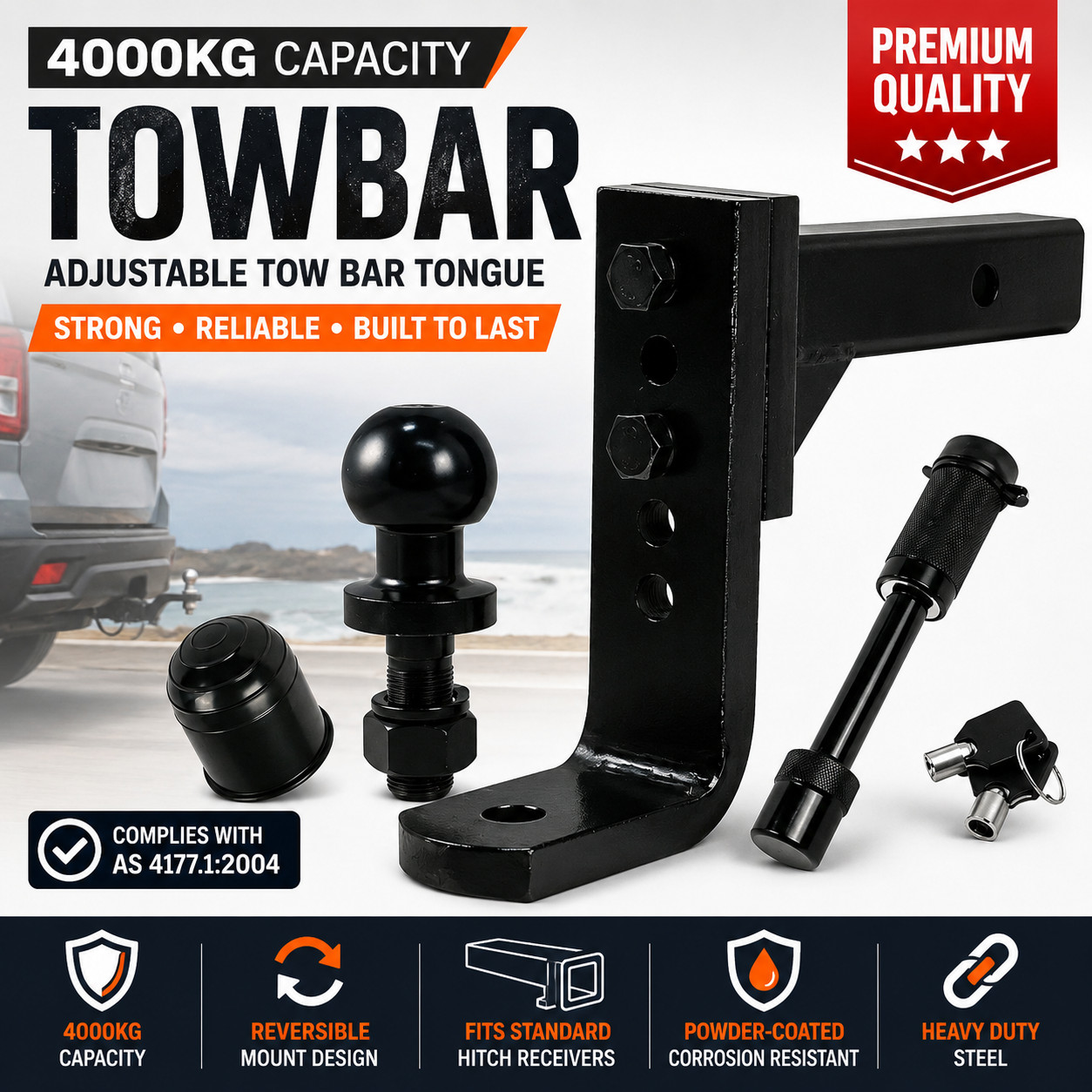 4000KG Adjustable Height Tow Hitch Ball Towbar Drop Mount Tongue Heavy Duty