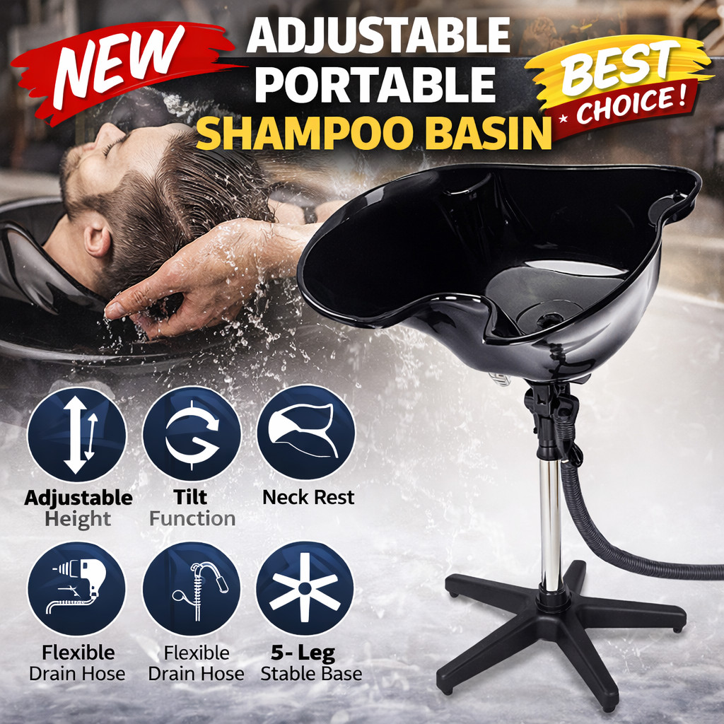 Portable Adjustable Black Salon Shampoo Basin Hair Wash Bowl Mobile Barber