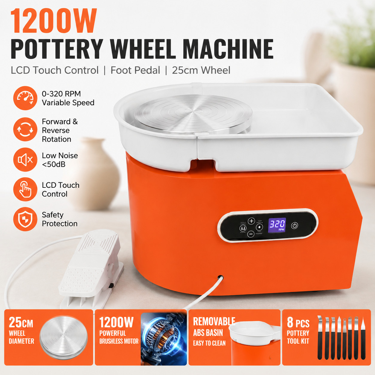 1200W Electric Pottery Wheel 25cm Foot Pedal LCD Control Tools Included