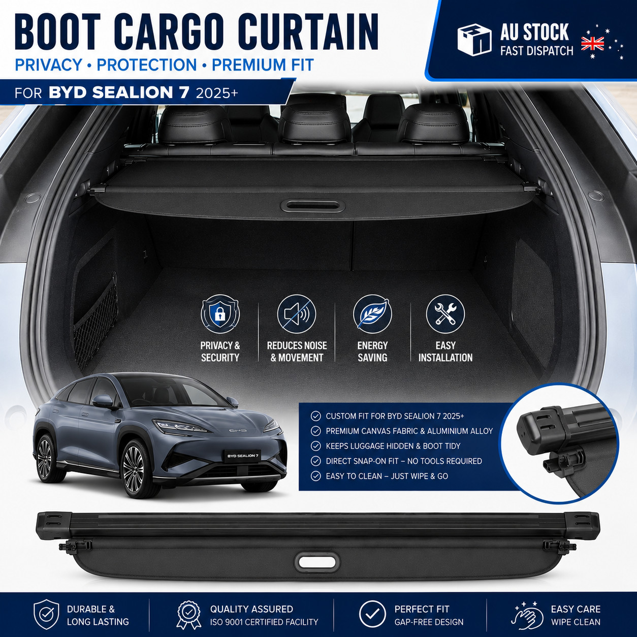 BYD Sealion 7 2025 Boot Cargo Curtain Privacy Shield Rear Parcel Shelf Black